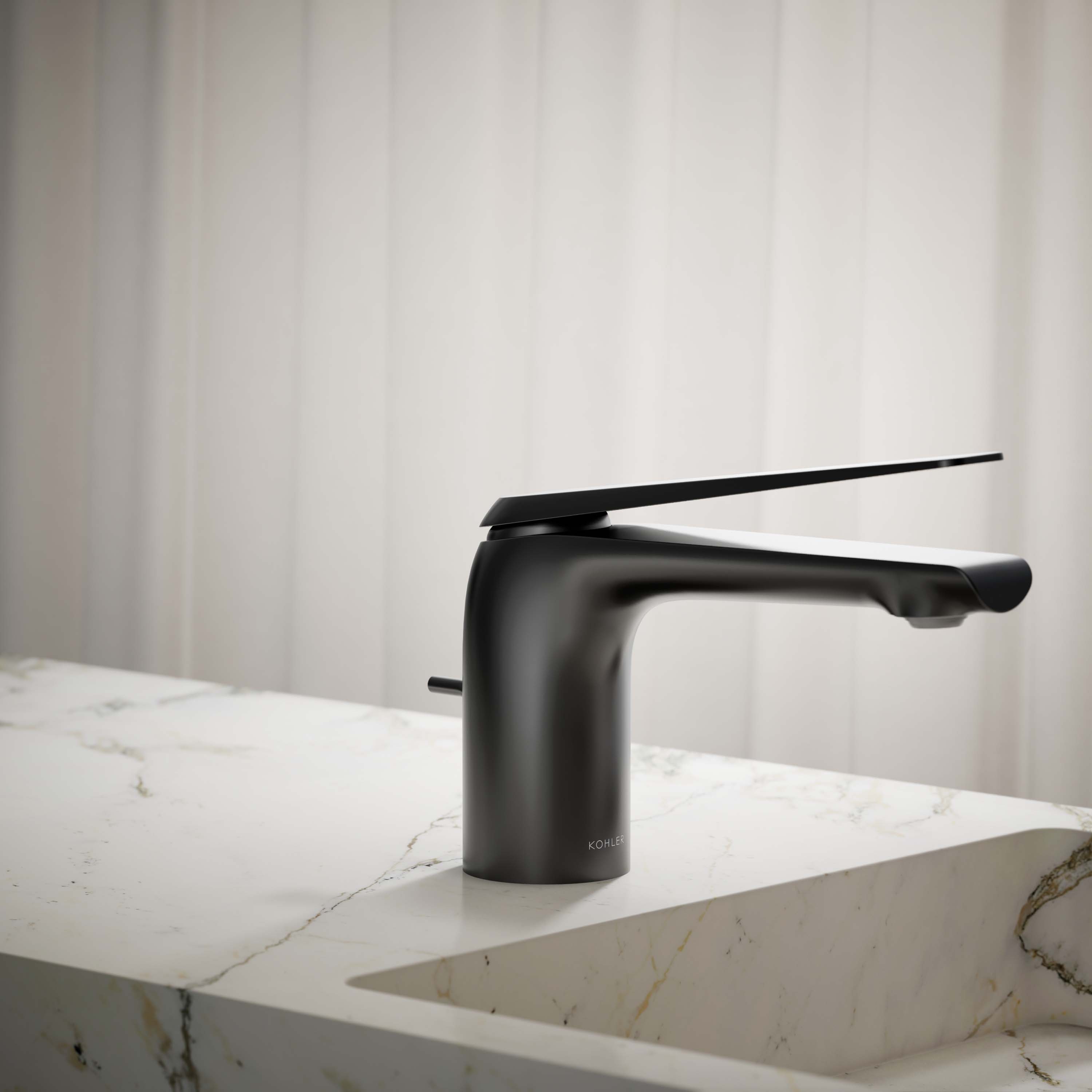 KOHLER K-97345-4-BL Matte Black Single hole 1-handle WaterSense Low-arc Residential Handle Bathroom Sink Faucet with Drain