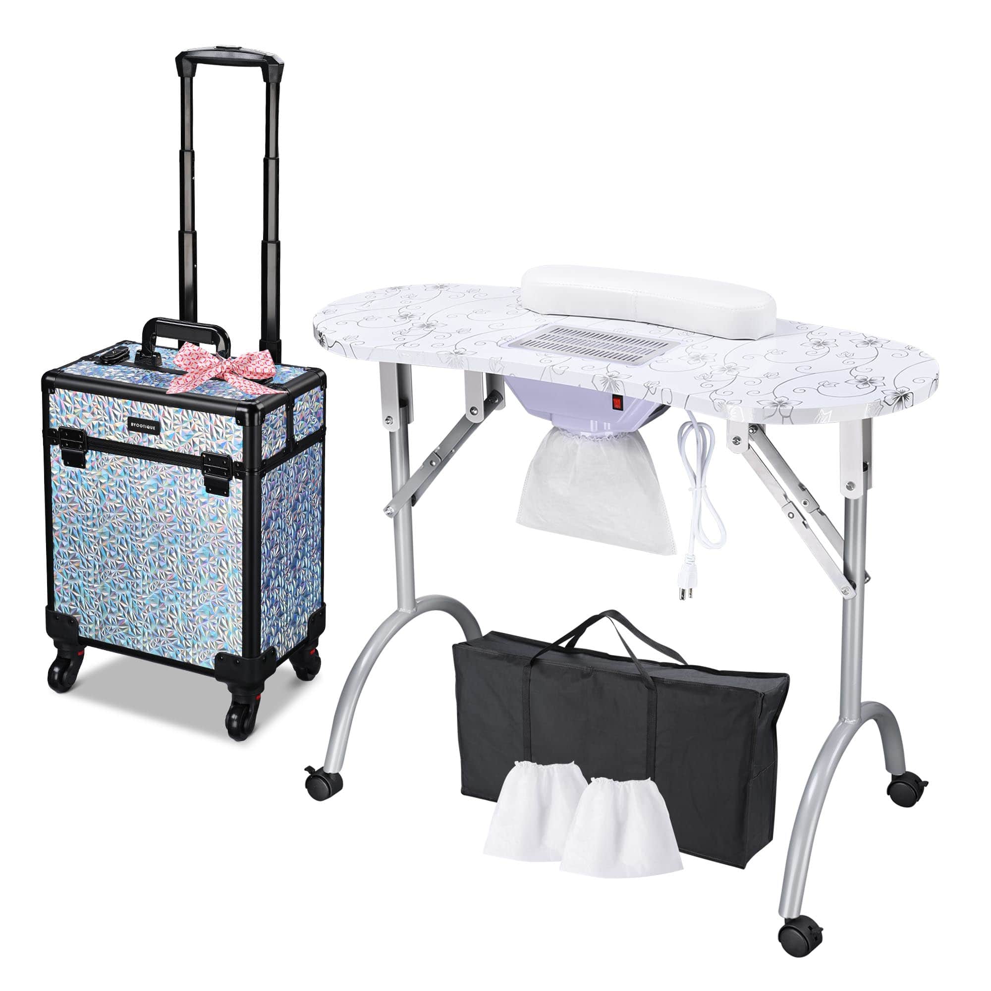 Yescom 12NATSET002-M-07-LO Byootique Folding Manicure Nail Table and Rolling Makeup Train Case Mermaid Silver