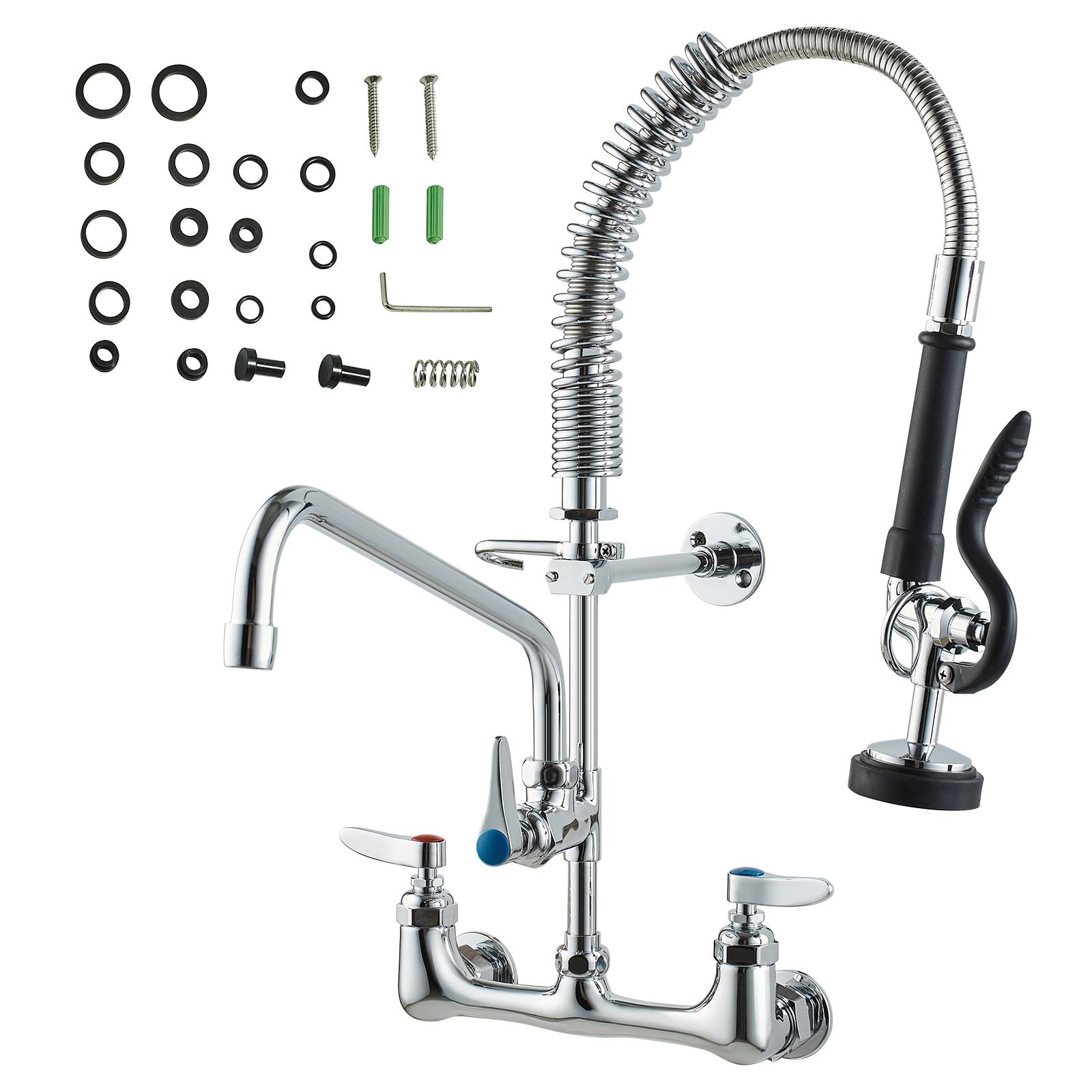 JUSHUA Wall-Mounted Brass Kitchen Faucet 21 Inches Tall 8 Inch Installation Width Includes 12 Inch Rotating Spout and Pull-Down Sprayer Suitable for Single Double or Triple Sinks