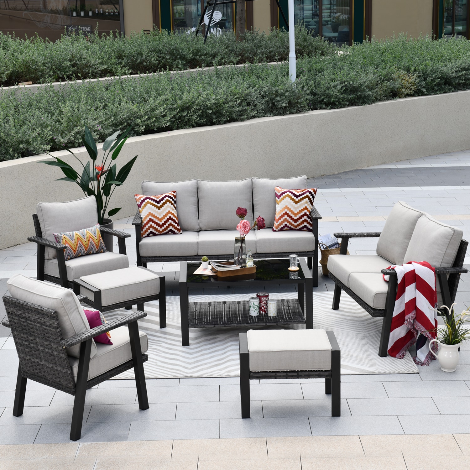 Pouuin SHW60T07 7 -Piece Rattan Patio Sofa Conversation Set with Off-white Cushions