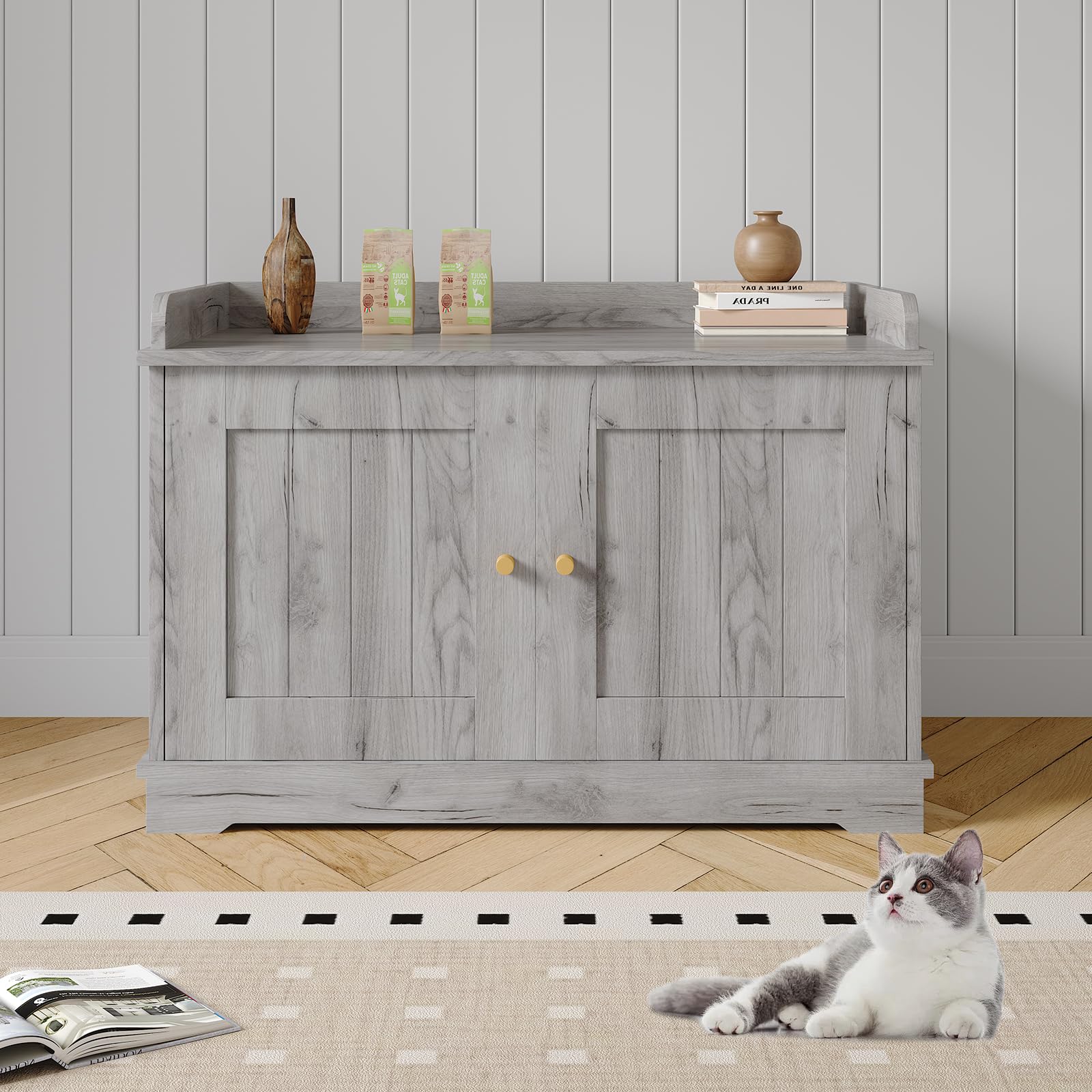 0 - Cat Litter Box Enclosure Furniture Hidden Litter Box Cabinet with Barn Door Indoor Cat Washro...