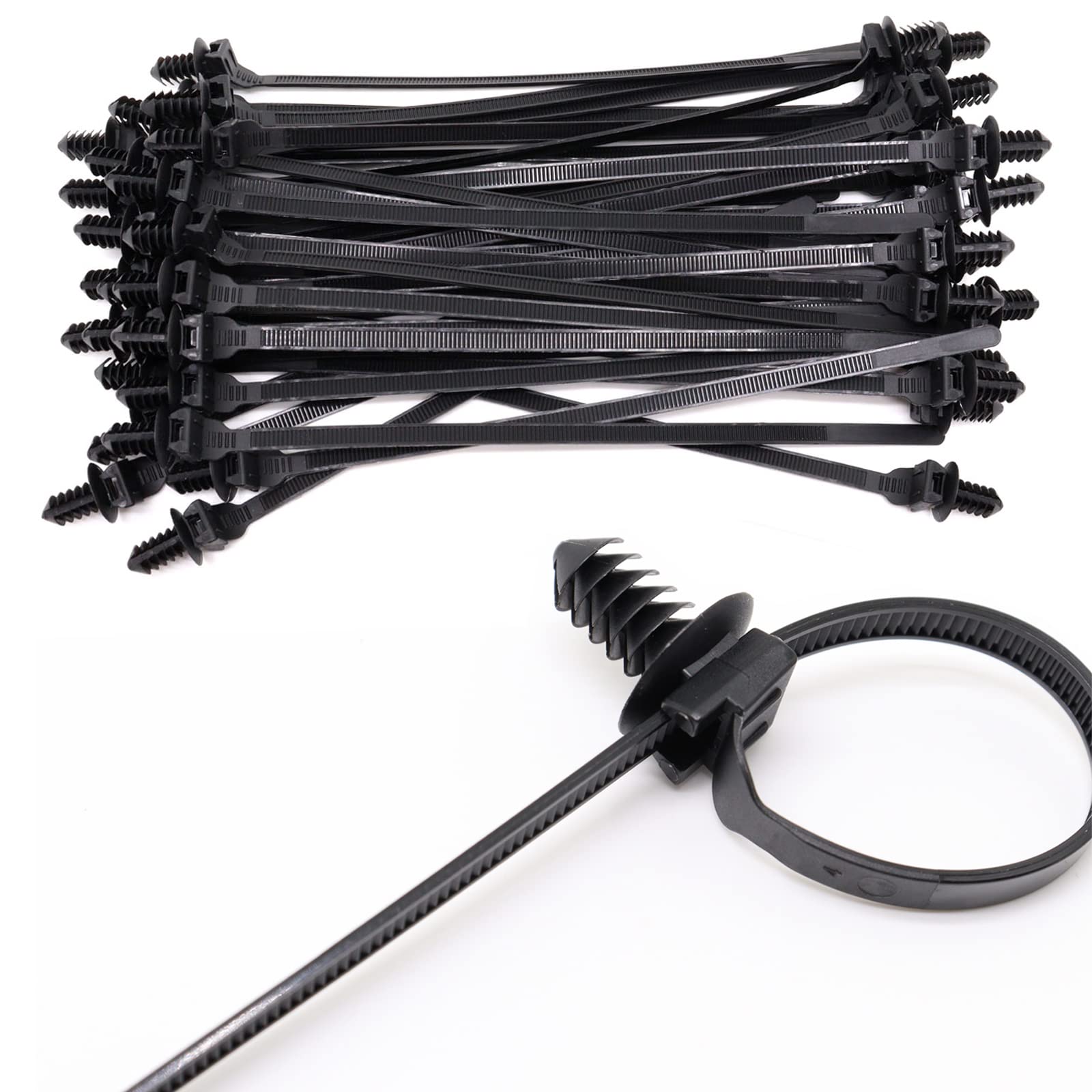 CYIKE  Push Mount Zip Ties 8 inch Black Nylon Cable Wire Ties with Push Pin Fir Tree Fastener for Indoor and Outdoor Use 100 Pack