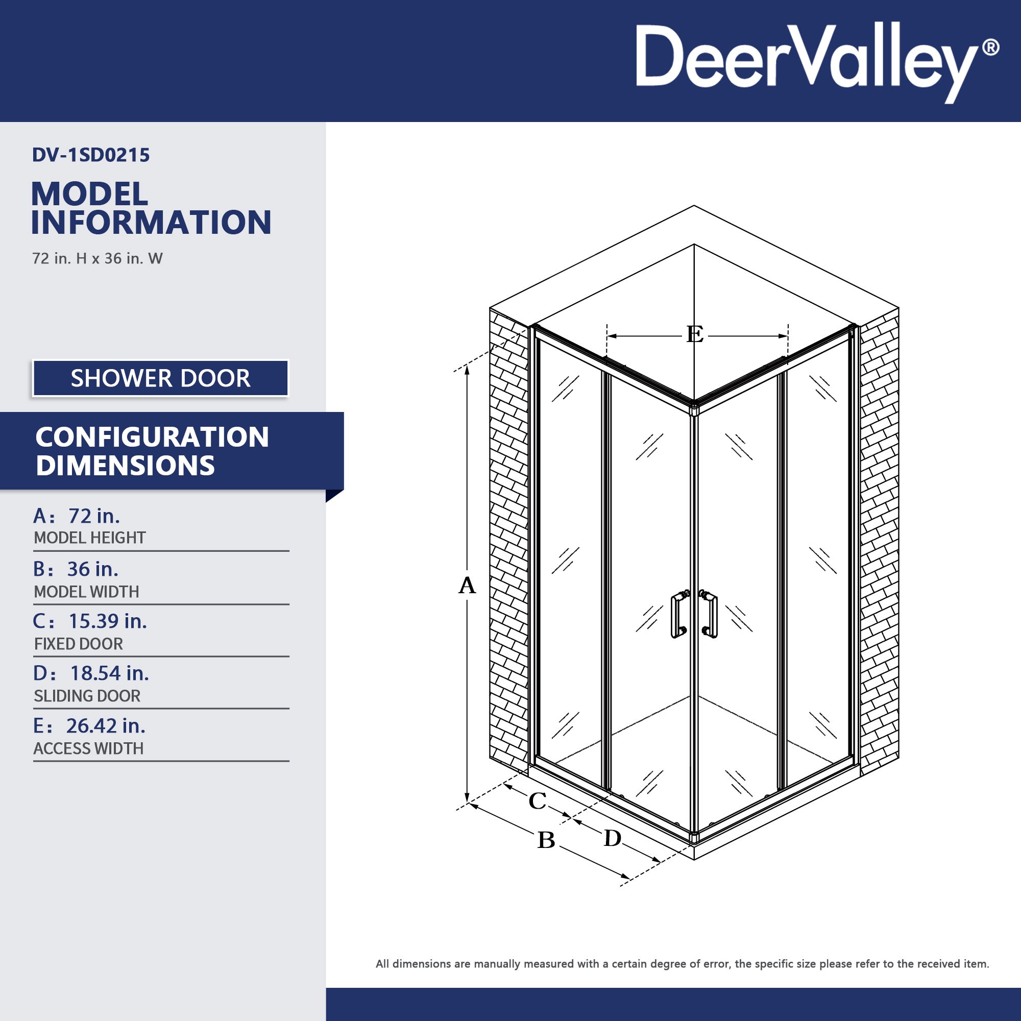 36"W x 36"D x 72"H Framed Square Tempered Glass Shower Enclosure
