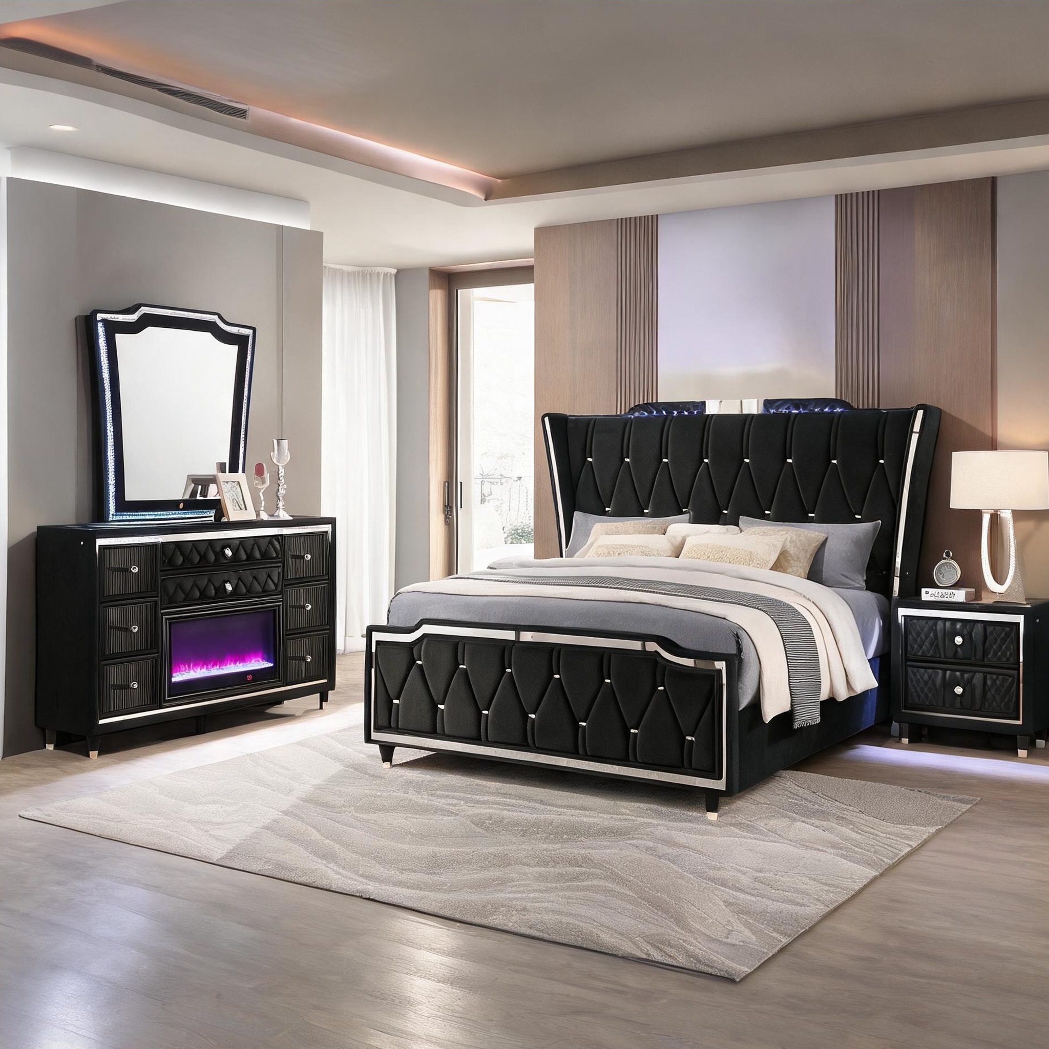 black velvet dresser set Watnature Jet queen bedroom with wingback bed fireplace and LED accents in the Bedroom Sets department at Wedding Guest Dress Sleeveless Color:Black Cotton sale-last-5-days Sturdy and Durable Construction