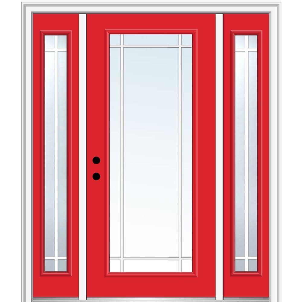 MMI DOOR ZZ361484R 64-in x 80-in x 6-9/16-in Fiberglass Full lite Right-hand inswing Red Saffron Painted Prehung Front Door with Sidelights with Brickmould Insulating core with Grilles