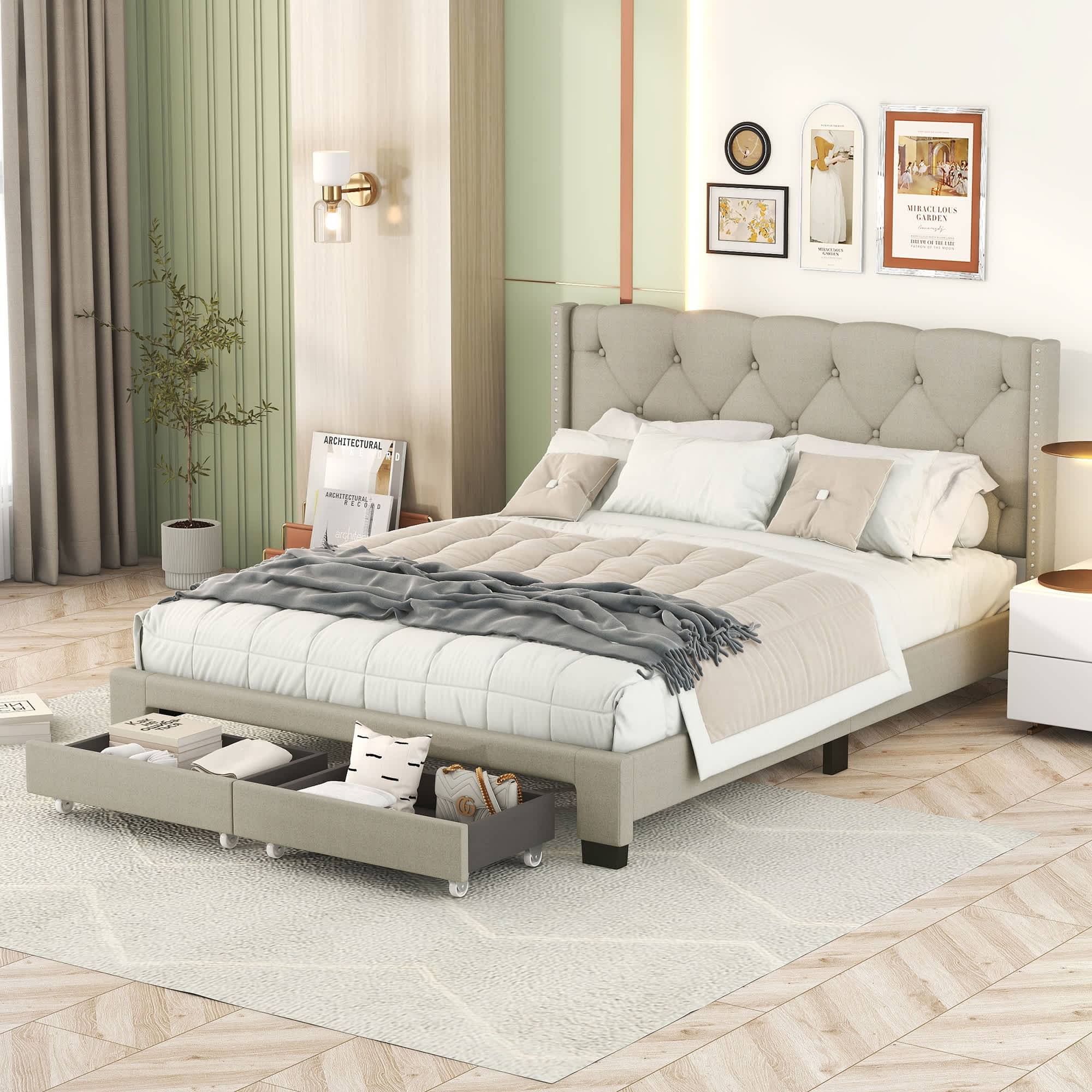 WhizMax LWAM-PHO-12UWEAGF Queen Size Bed Frame with Upholstered Headboard  Beige Non-Slip Platform Bed Frame with Two Storage Drawers Adjustable Wingback No Box Spring Needed Headboard for Bedroom