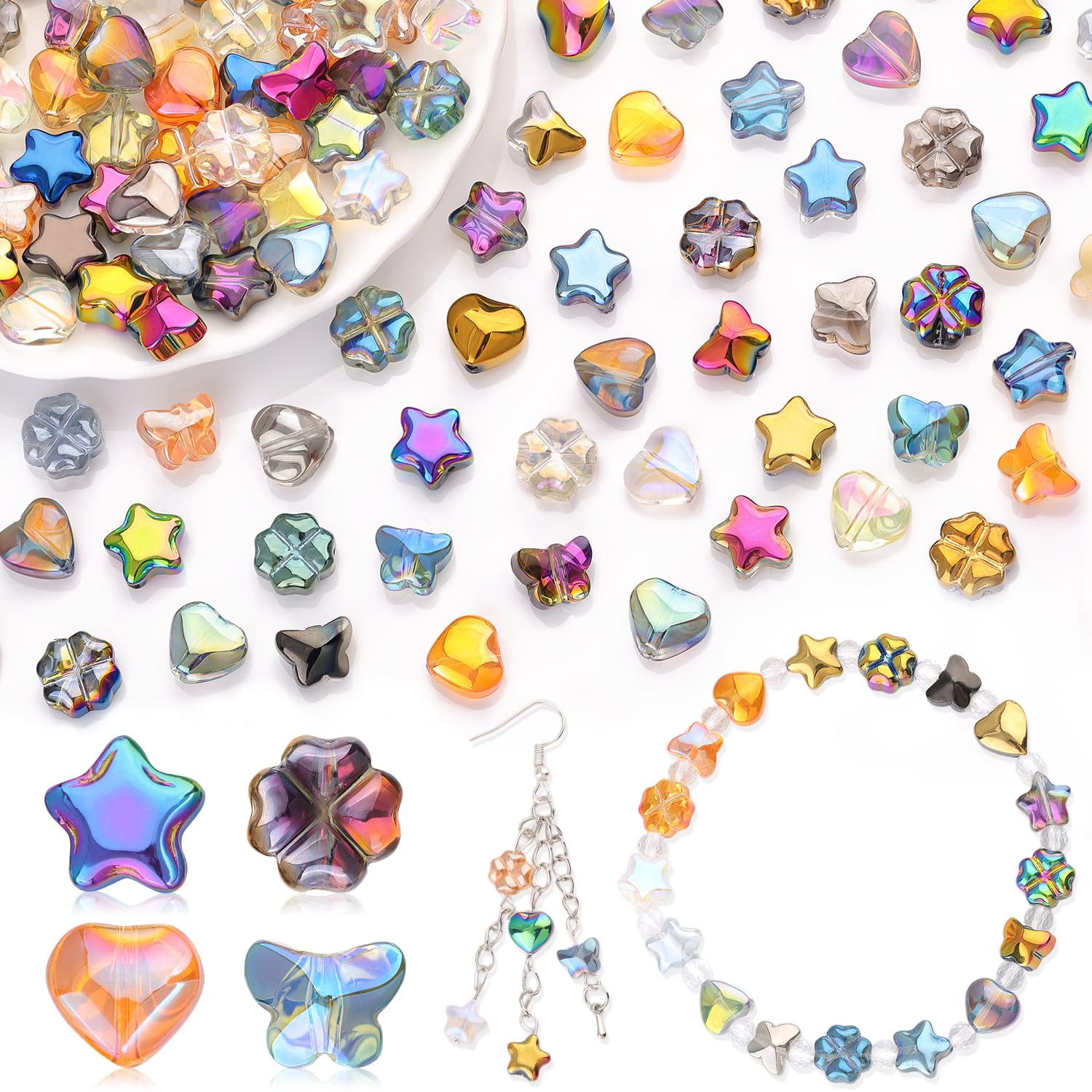 Vrbgify  200 pcs 8MM Iridescent Glass Beads Star Heart Butterfly Flower Shapes Mixed Colors for Necklace Bracelet Jewelry Making DIY Crafting
