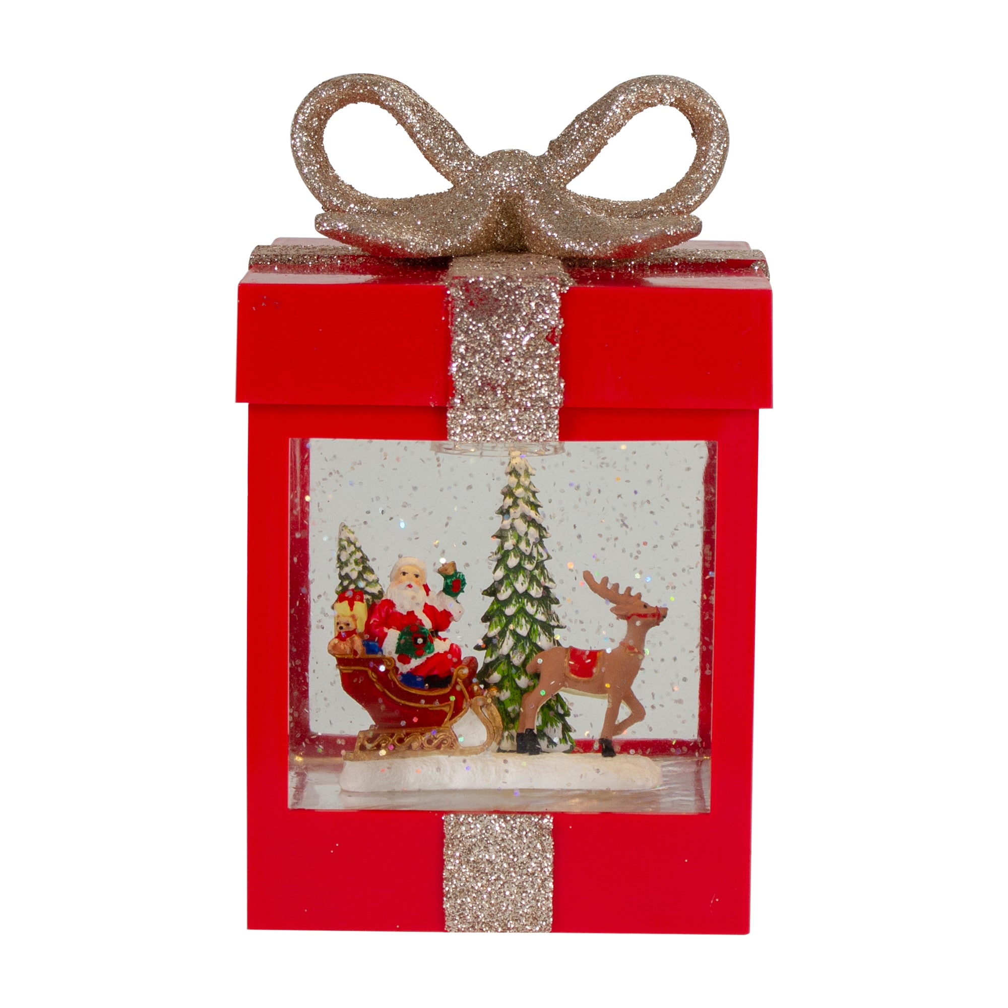 Northlight 34316721 7-in Lighted 7" Lighted Red Gift Box Christmas Snow Globe with Santa and Reindeer Tabletop Decoration Santa Battery-operated Christmas Decor