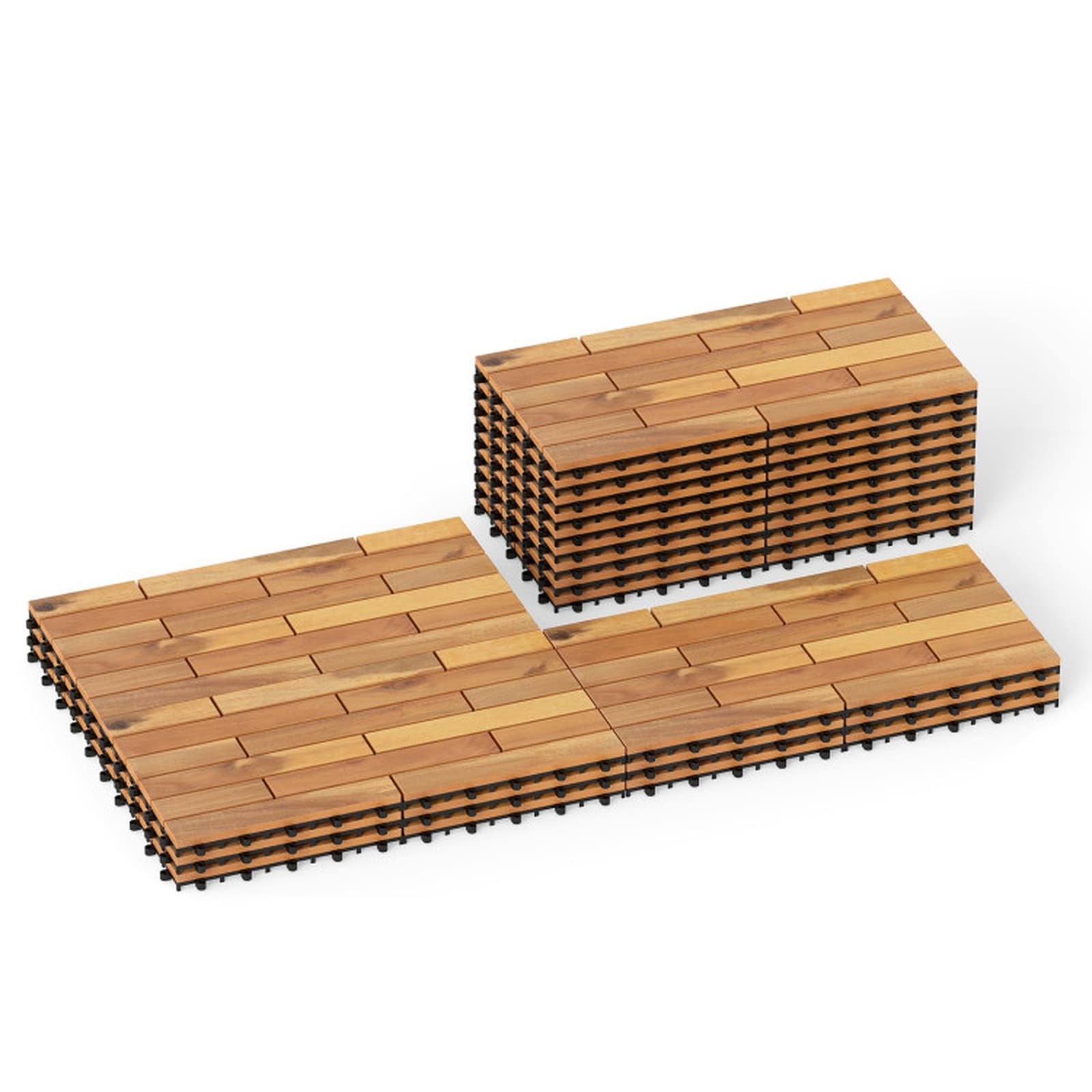 SUGIFT 24-in x 12-in Interlocking Deck Tiles 24-pc Pack Natural Acacia Wood Patio Tiles with Anti-Warp Diamond PP Drainage Base 500-lb Load Capacity Trimmable Planks and Tool Free Snap Together Outdoor Flooring for Patio Balcony Deck and Poolside