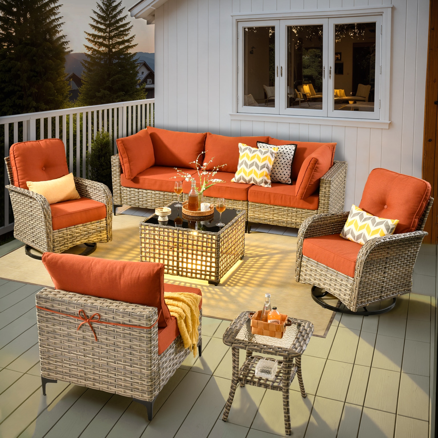 Ovios SK8C08YV 8 -Piece Rattan Patio Conversation Set with Orange Cushions