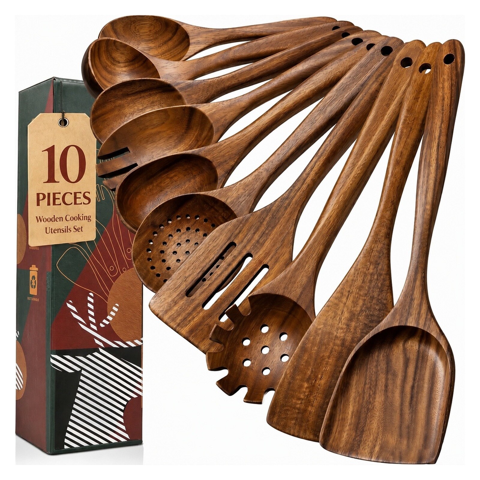 Vrbgify  Wooden Spoons for Cooking 10 Piece Natural Teak Wood Kitchen Utensils Set for Cooking and Serving durable home and garden accessory