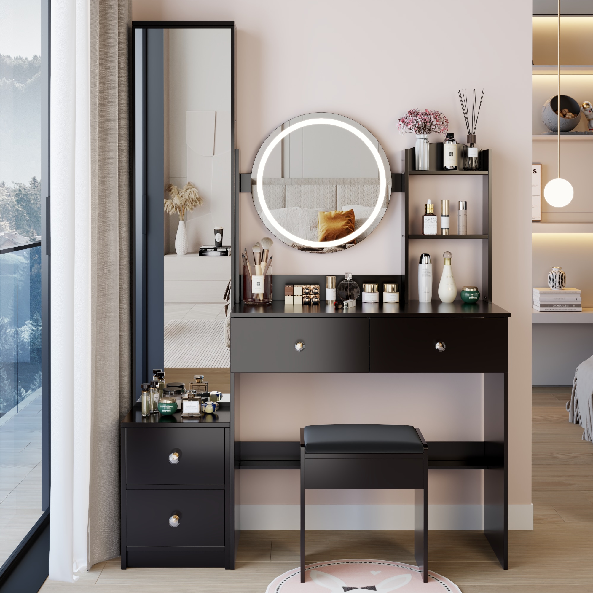 LOVMOR SF-Y-W3258S00004 Full Body Mirror Cabinet + Round Mirror LED Vanity Table + Cushioned Stool 17  in  diameter LED Mirror Touch Control 3-color Brightness adjustable Large Desktop Multi-layer High Capacity Storage