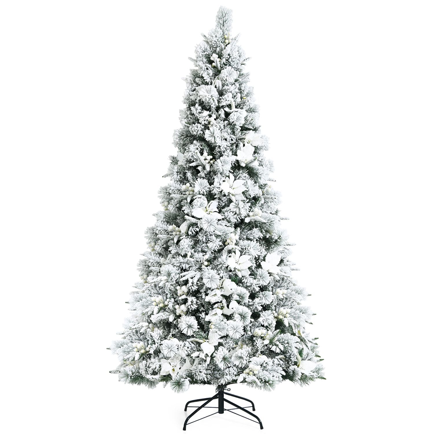 Costway CSHY001526 7ft Snow Flocked Hinged Christmas Tree with Berries and Poinsettia Flowers