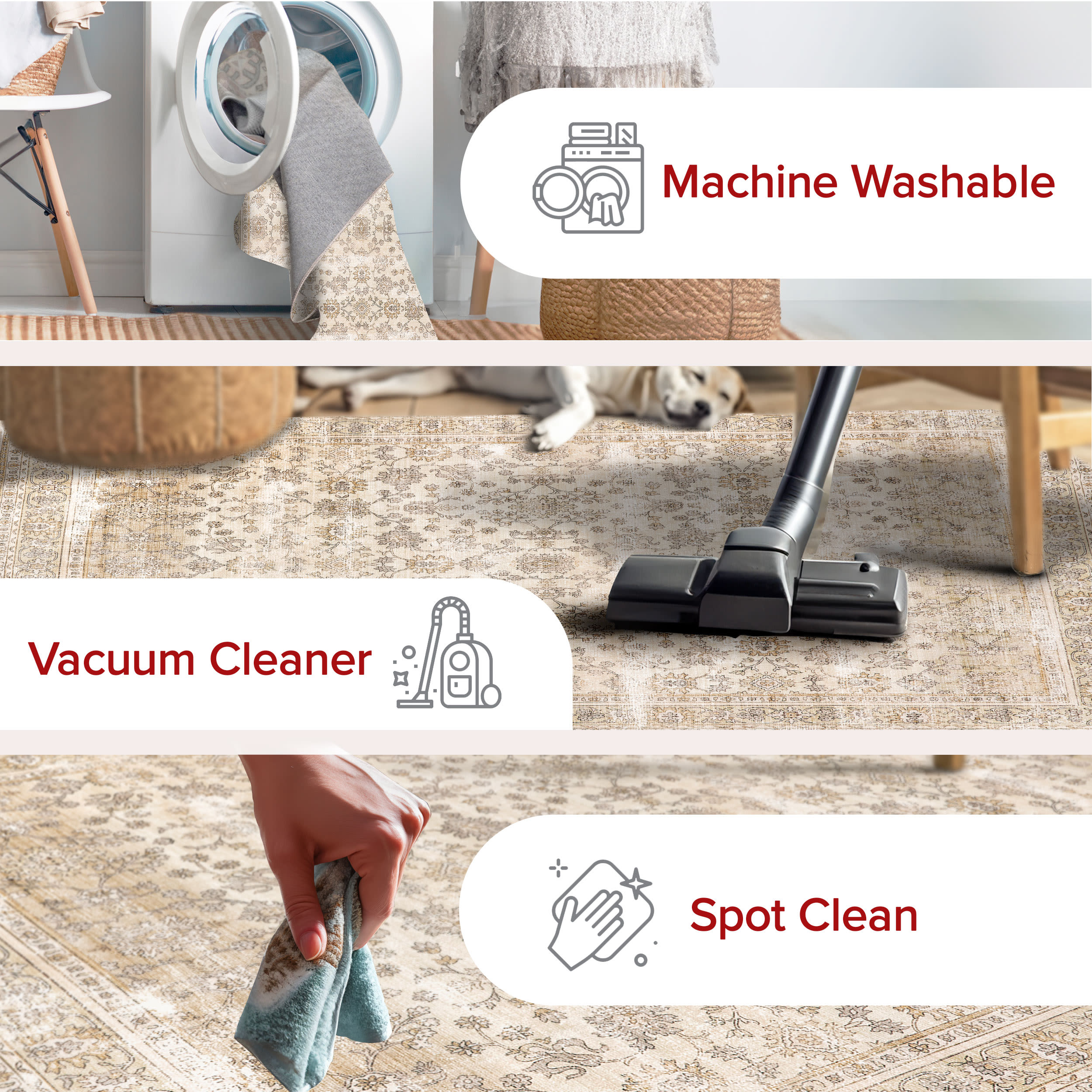 Beige Floral Machine Washable Stain-Resistant Area Rug