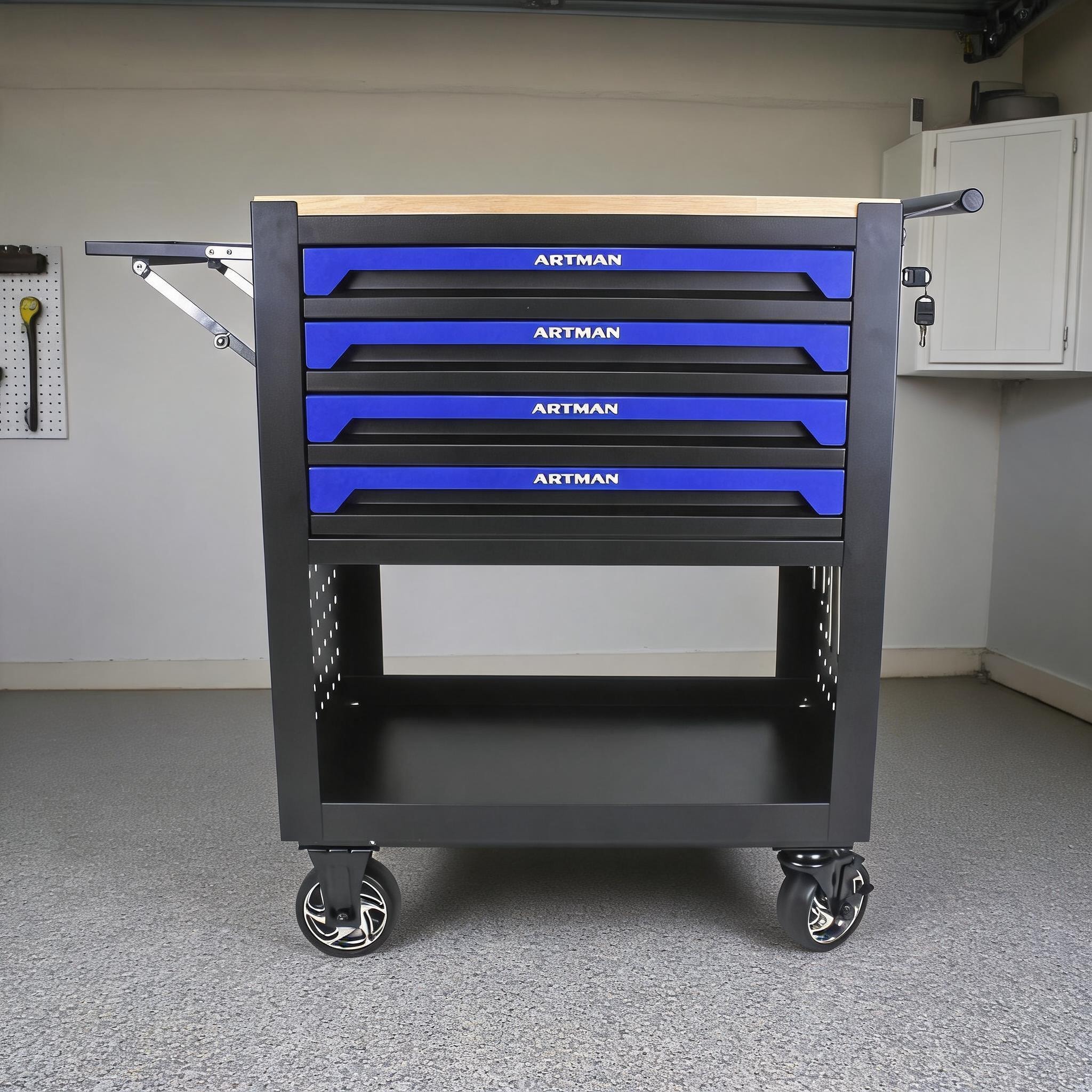 Watnature Garage and Workshop Deep Black and Blue 4-Drawer Tool Cart by Powder-Coated Steel with Oak Top Contemporary Industrial #UHTESLWGRX37