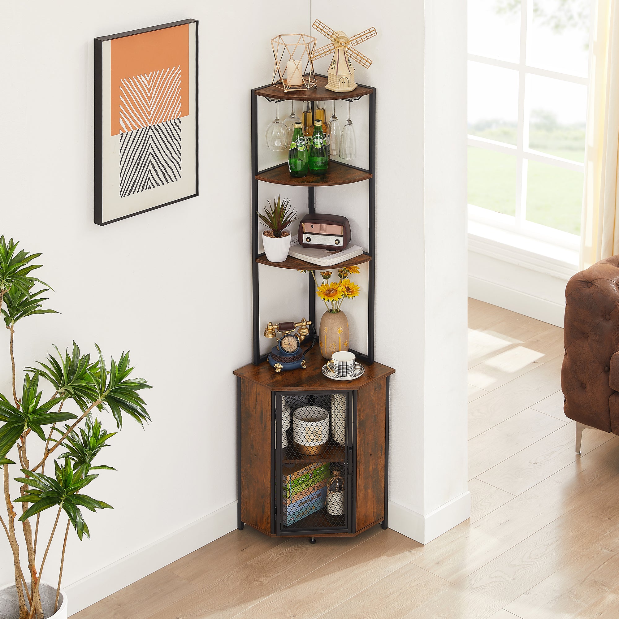 Vecelo LOE-XF-CS04-BRN Tall Corner Cabinet with Storage Shelf Bookshelf Display Shelves Rack for Living Room Kitchen Balcony