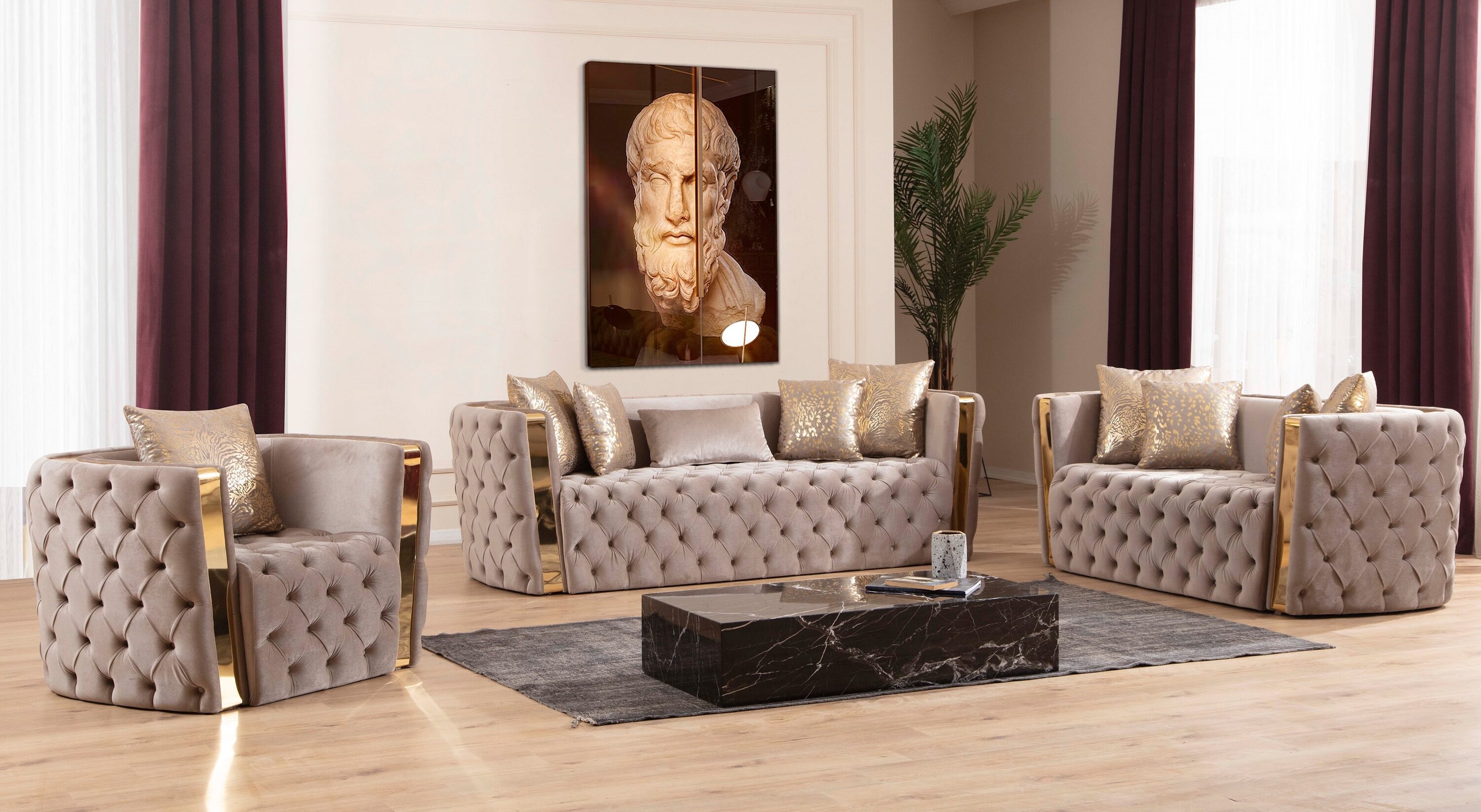 Black Velvet Tufted Loveseat with Gold Accents and Solid Wood Frame