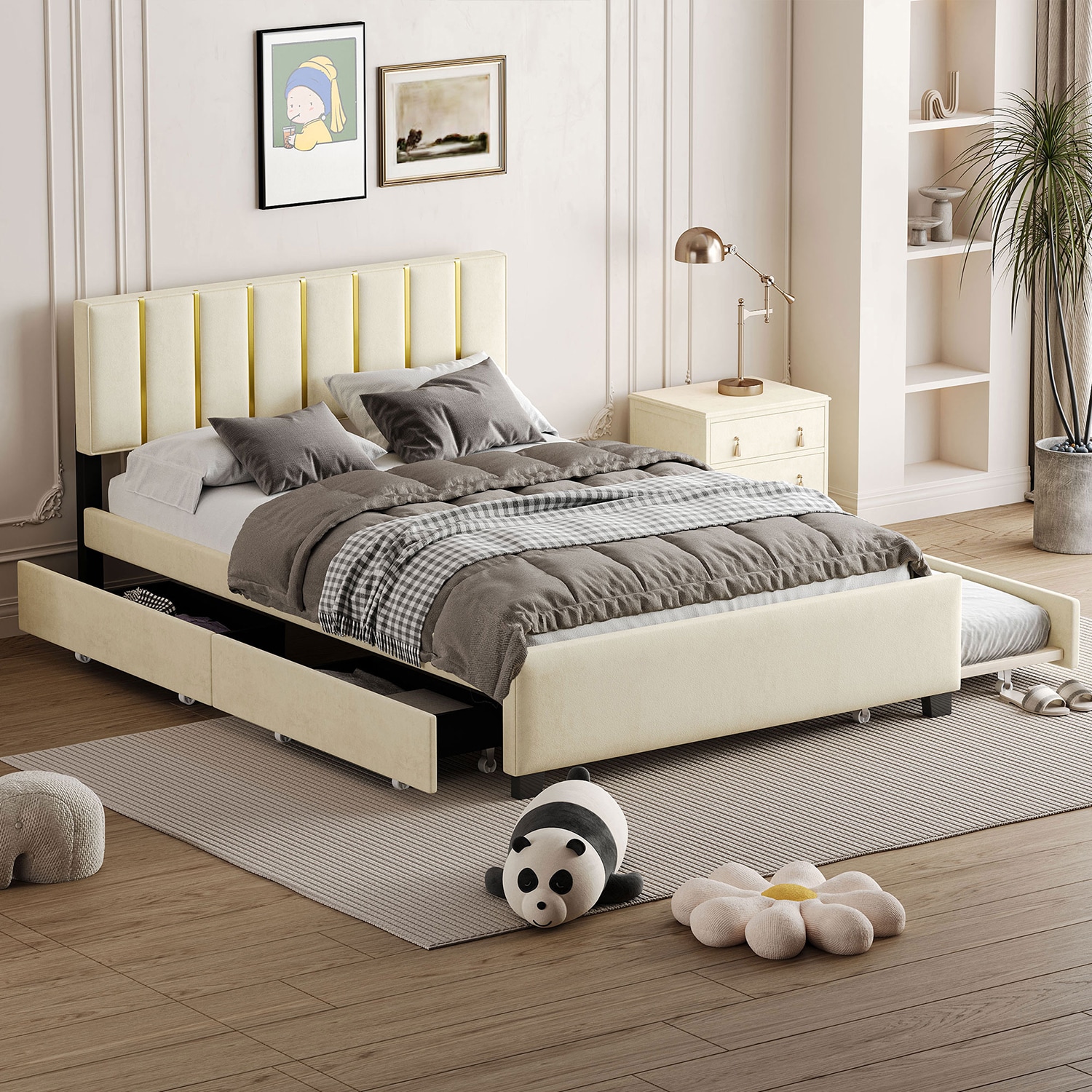 GZMR YDIN00715FBK Queen Size Upholstered Platform Bed with 2 Drawers Beige Queen Wood and metal Bed frame Bed with Storage