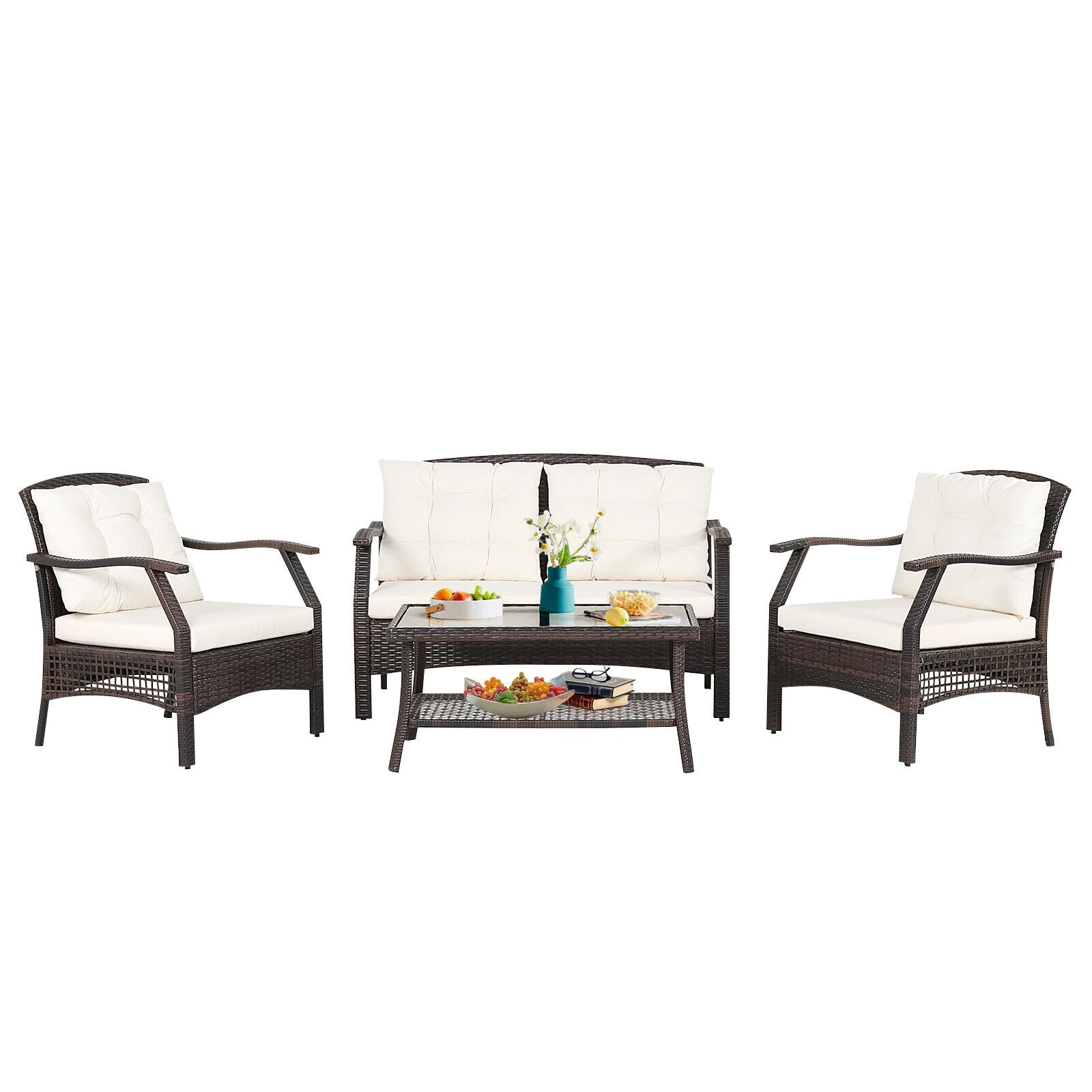 Forclover HYFE-69353 4-Piece Rattan 2 Patio Sofa Conversation Set with Off-white Cushions