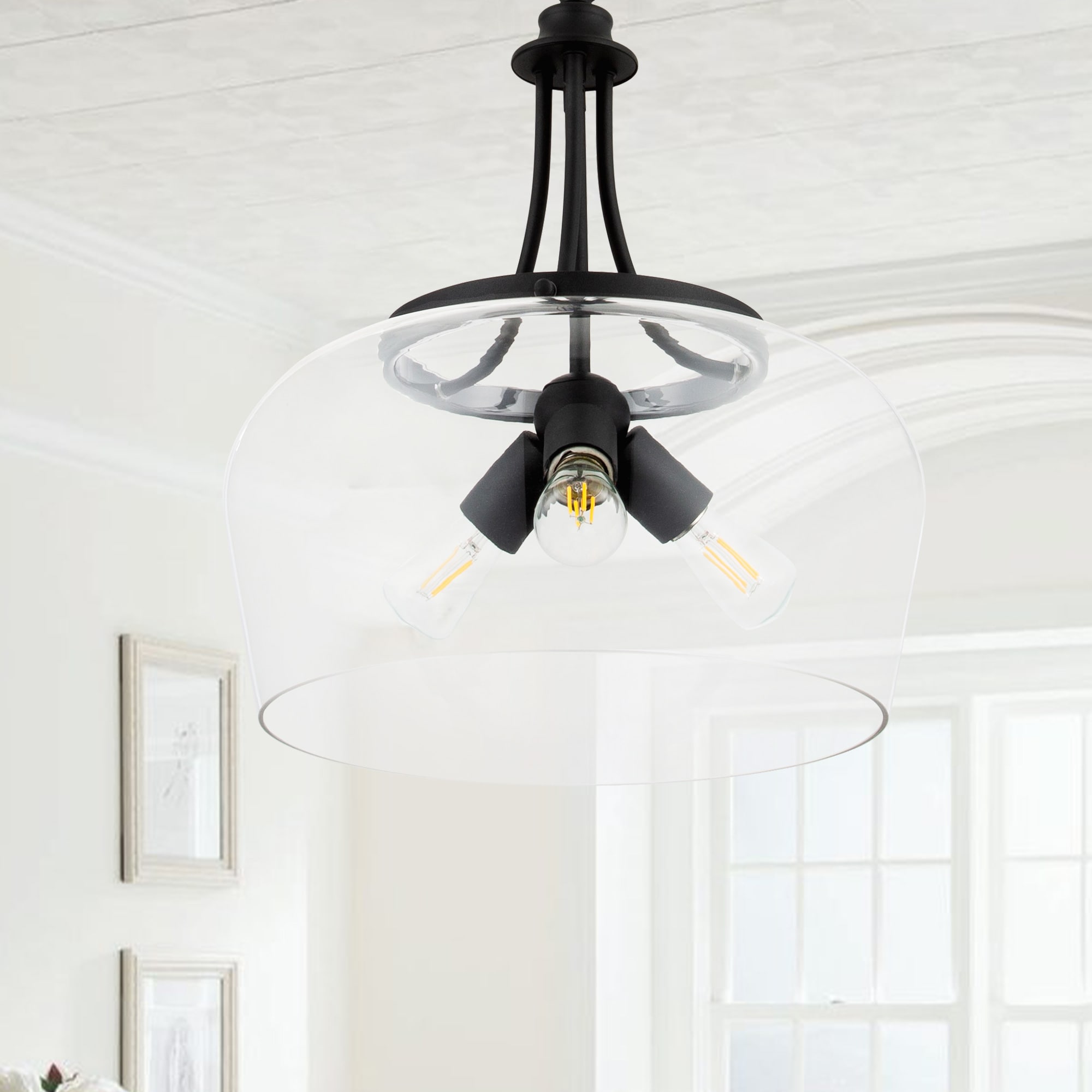 Matte Black 3-Light Dome Pendant with Glass Shade