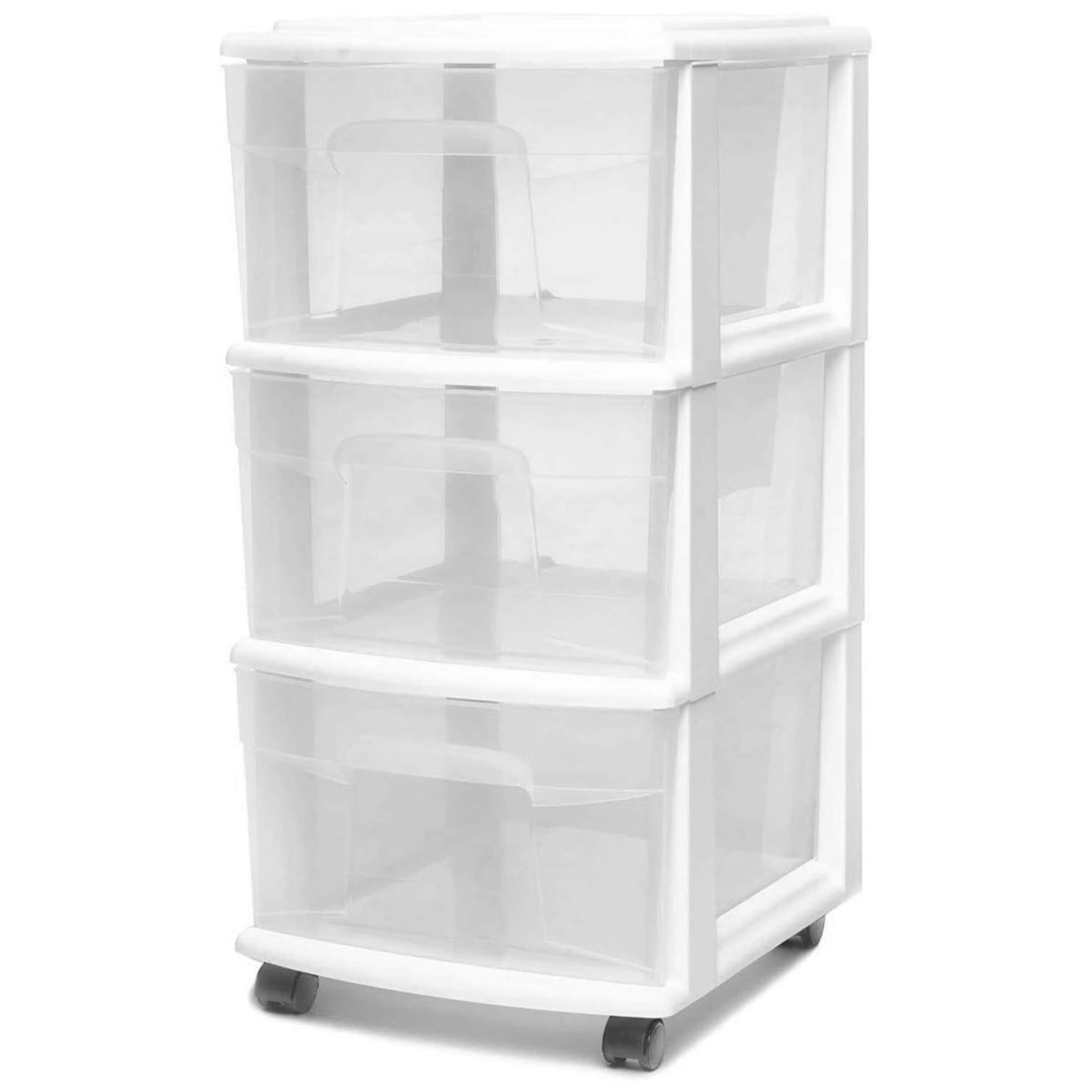 Homz Products 323700 3 -Drawers Clear/White Rolling Plastic Storage Storage drawer 25.5-Inches H x 14.25-Inches W x 12.5-Inches D