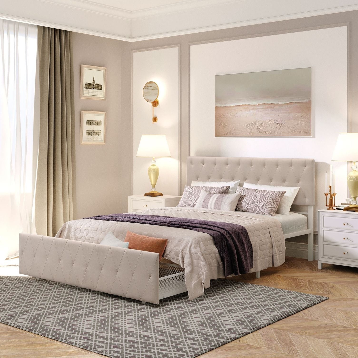 JASMODER WF212445AAA Beige Queen Composite Platform Bed with Storage