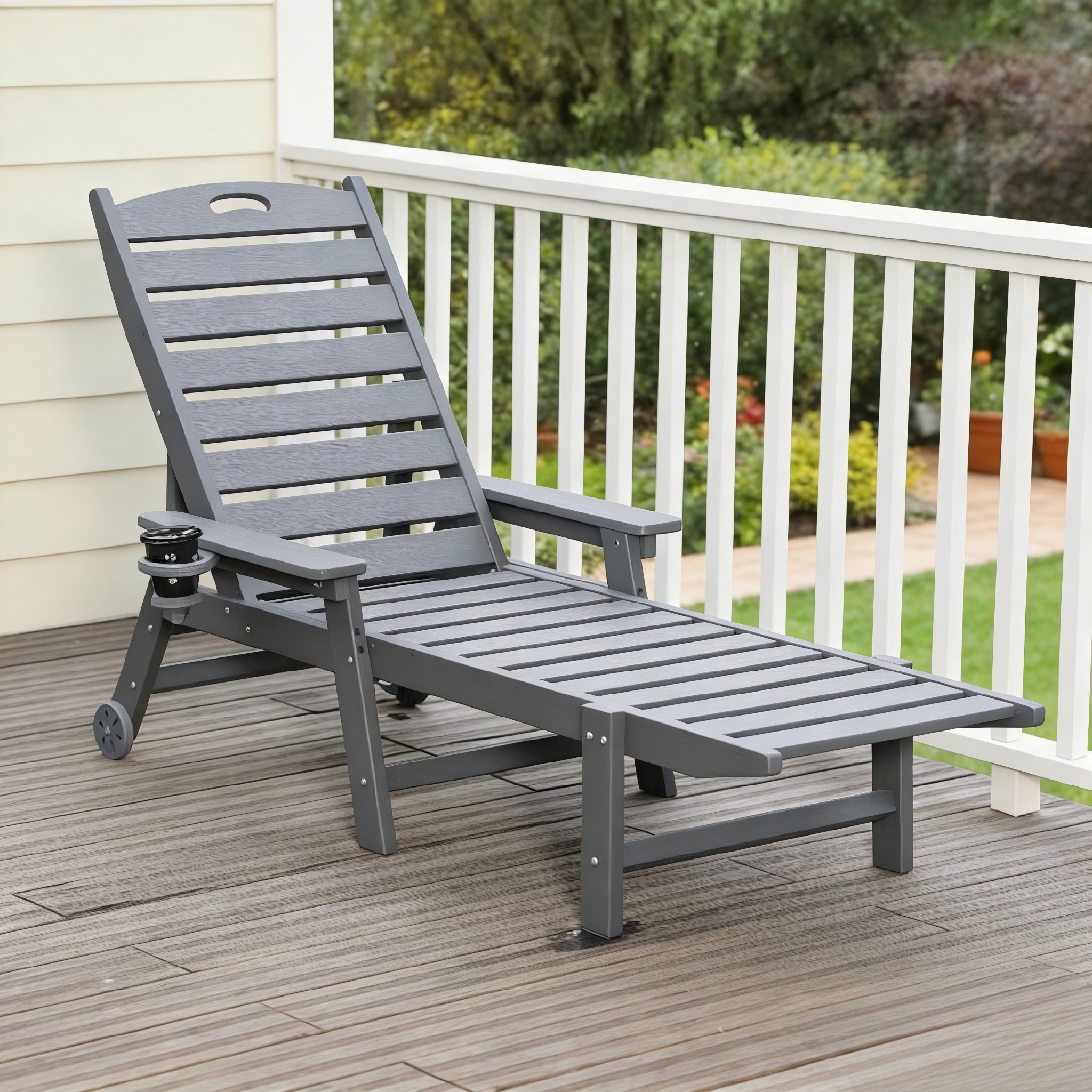 Kahomvis Gray HDPE Frame Stationary Chaise Lounge Chair with Slat Seat