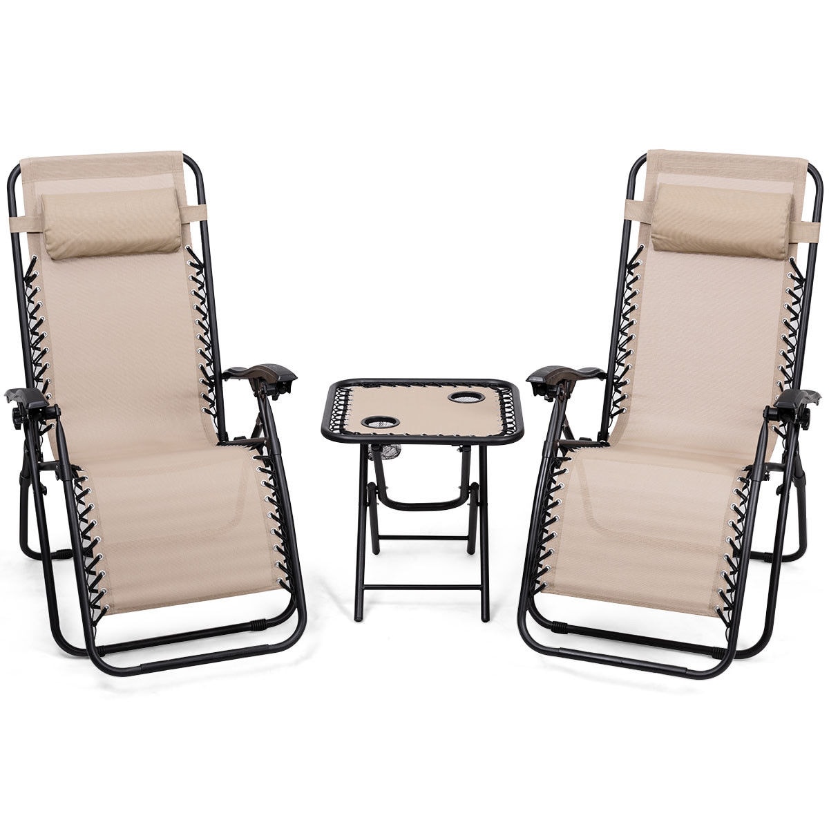 Forclover HYFE-3475CF Patio Chairs Set of 2 Stackable Black Steel Frame Stationary Zero Gravity Chair with Tan Sling Seat