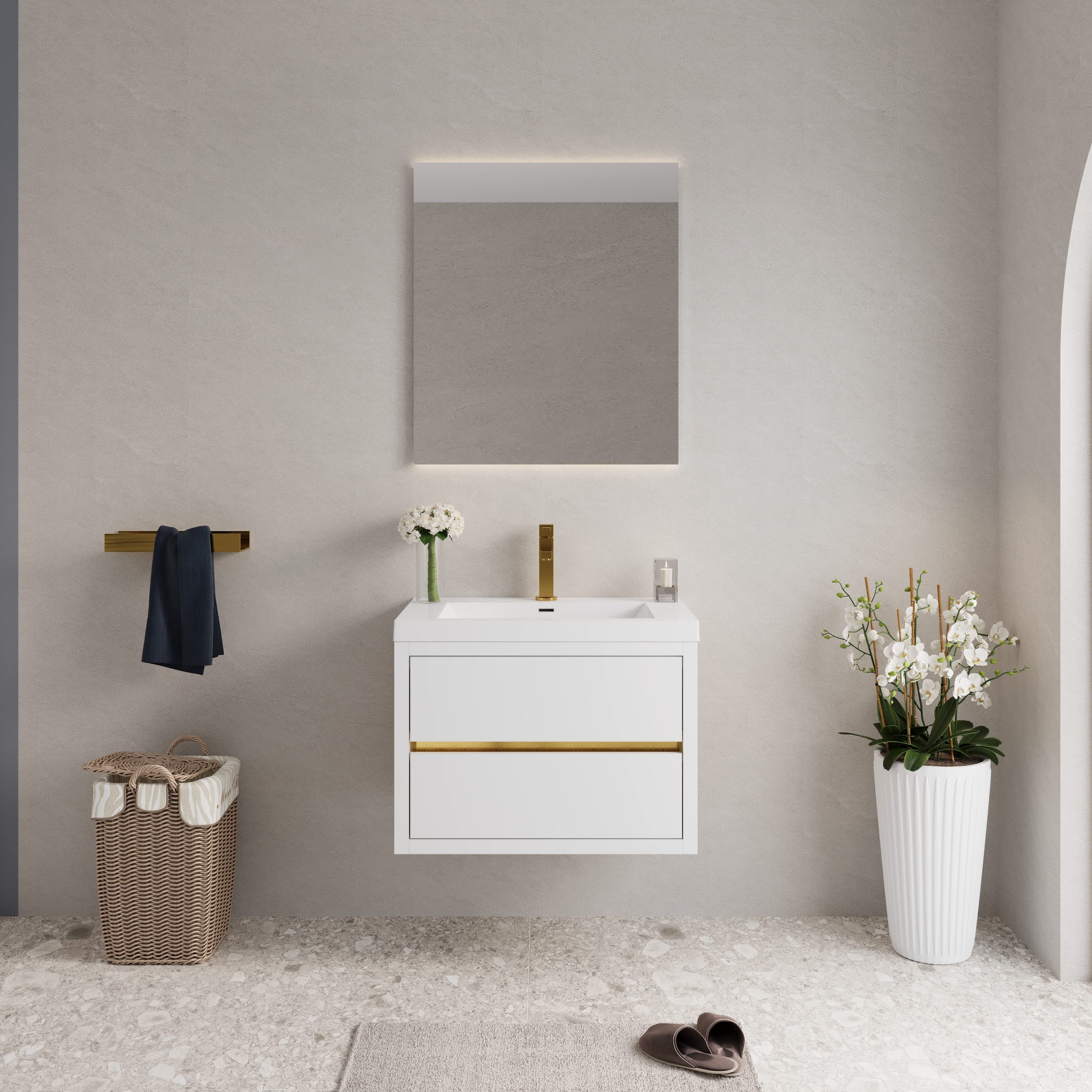 Abruzzo 30 in. W Single Sink Wall-Mounted Floating Bath Vanity Storage Cabinet in Glossy White with White Stone Resin Top