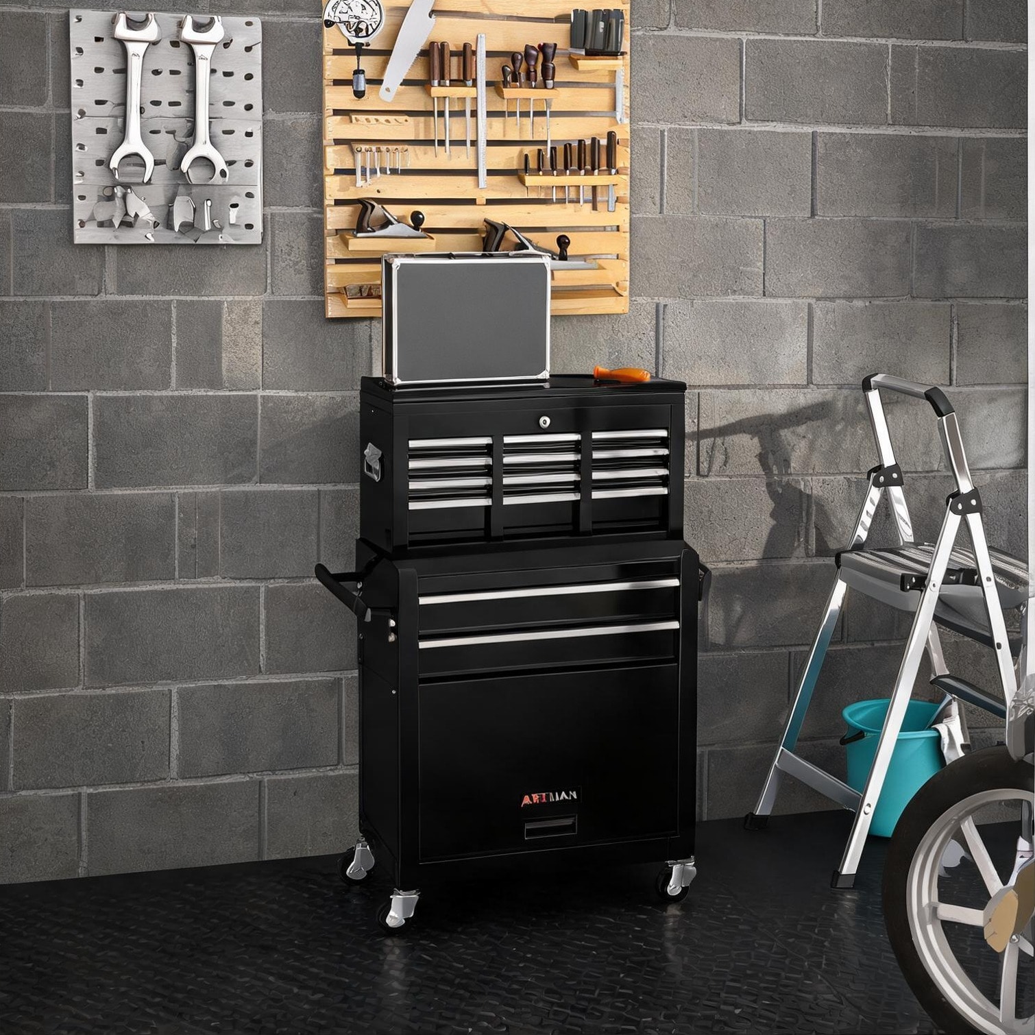 SunJet Mobile workshop organization in jet black steel with eight smooth-glide drawers and removable tool chest