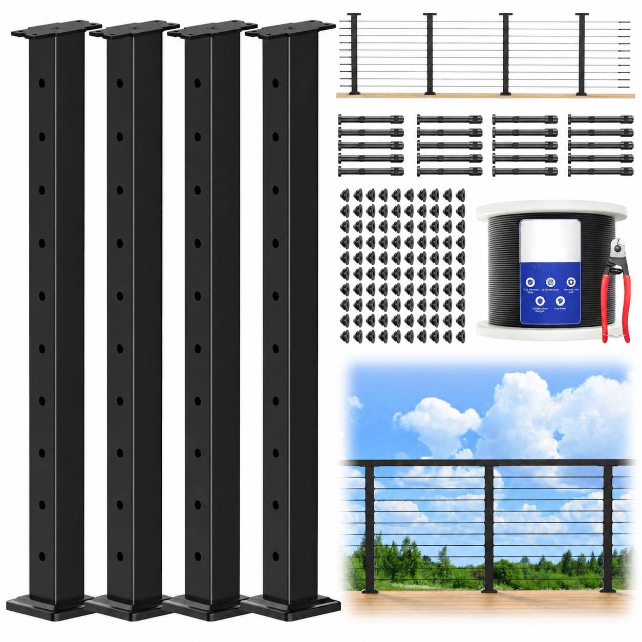 Phyfalip  36 Inch Cable Railing Post Kit 4 Pack Black Level Drilled Line Posts Swageless Deck Cable Railing System Kit with 250ft Stainless Steel