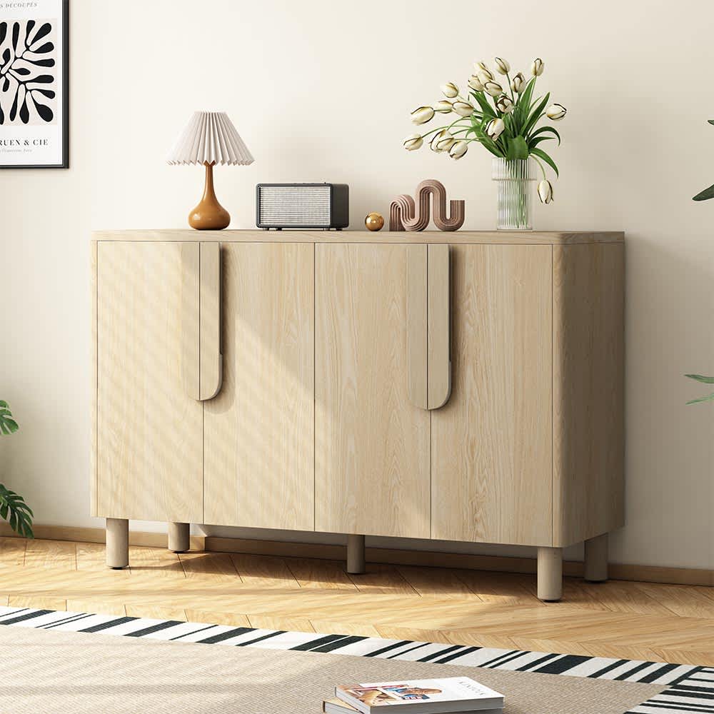 JUJABU DINCABINET-14 Natural 4-Door Buffet Cabinet with Unique Arc Handles and Adjustable Shelves for Dining Room