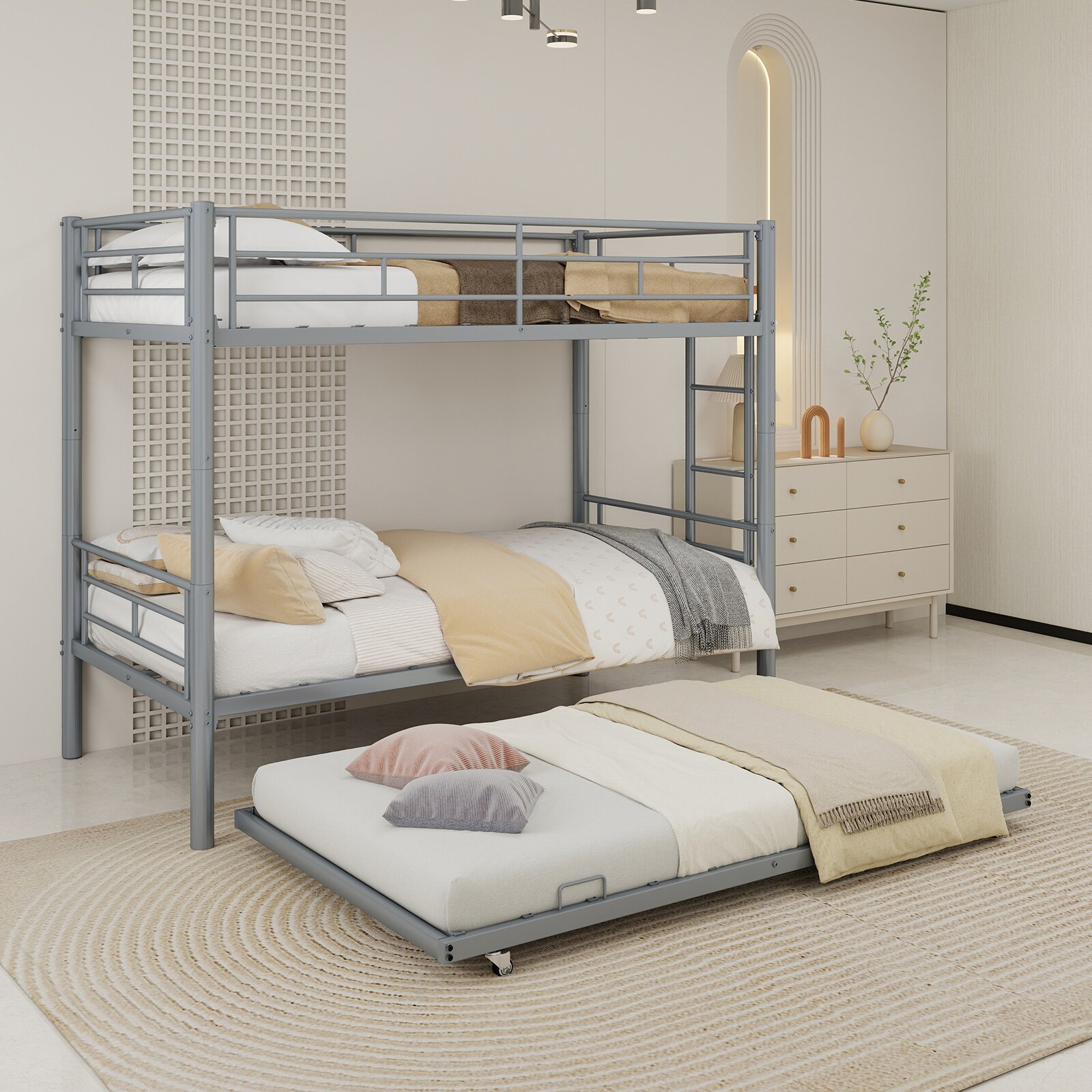 JUSHUA Queen Over Queen Wood Bunk Bed with 2 Storage Drawers Convertible Bunk Beds with Ladder Safety Rail No Box Spring Needed Gray