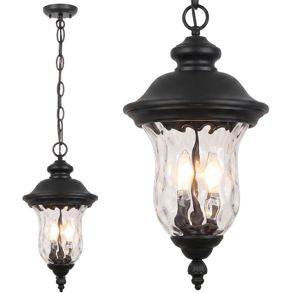 Rottogoon - Black Outdoor Waterproof Pendant Light 2-Light Adjustable Height Hanging Lantern with...
