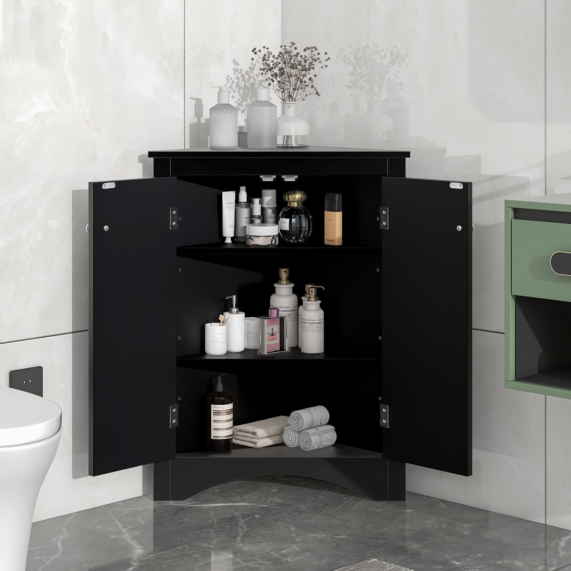 KTMBDW Corner Bathroom Cabinet with Doors and Adjustable Shelf - Freestanding Floor Cabinet for Home Kitchen -Black