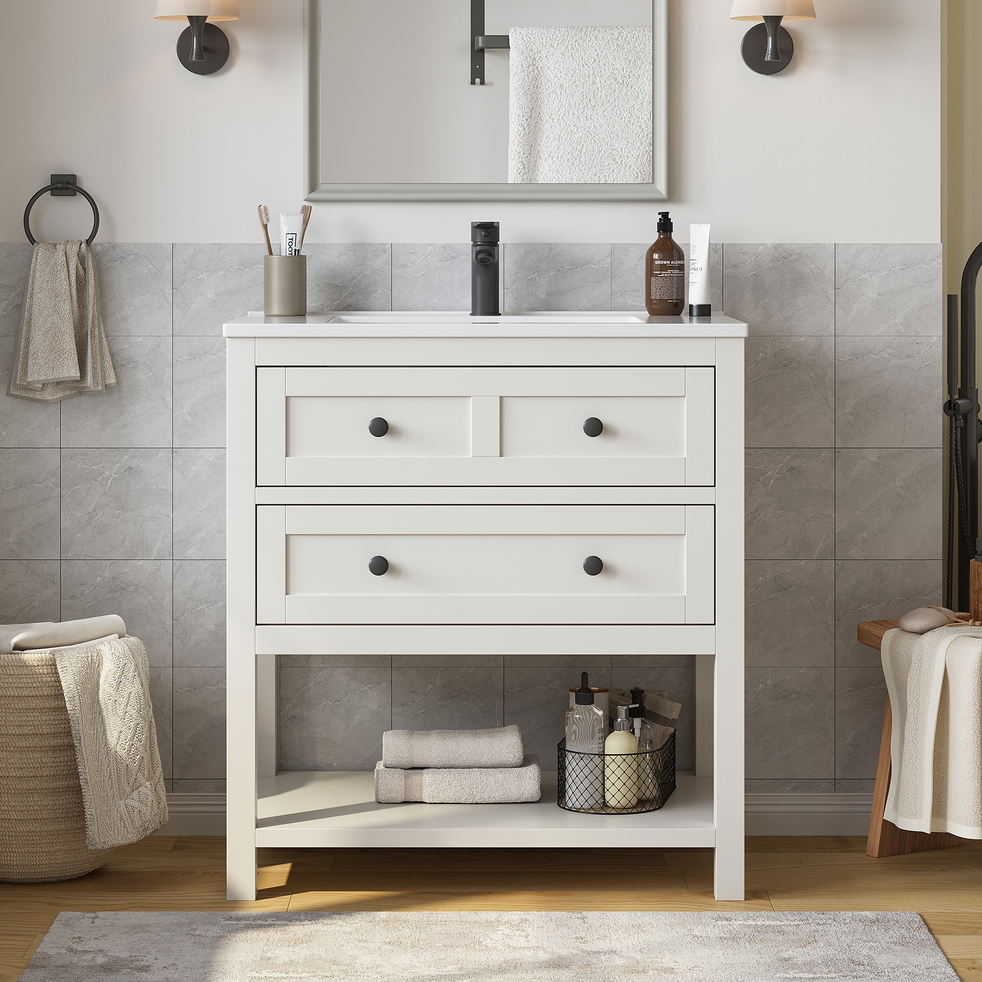 DELUXE LIVING V24032KD-30WT Meltiva 30-in White Single Sink Bathroom Vanity with White Acrylic Top
