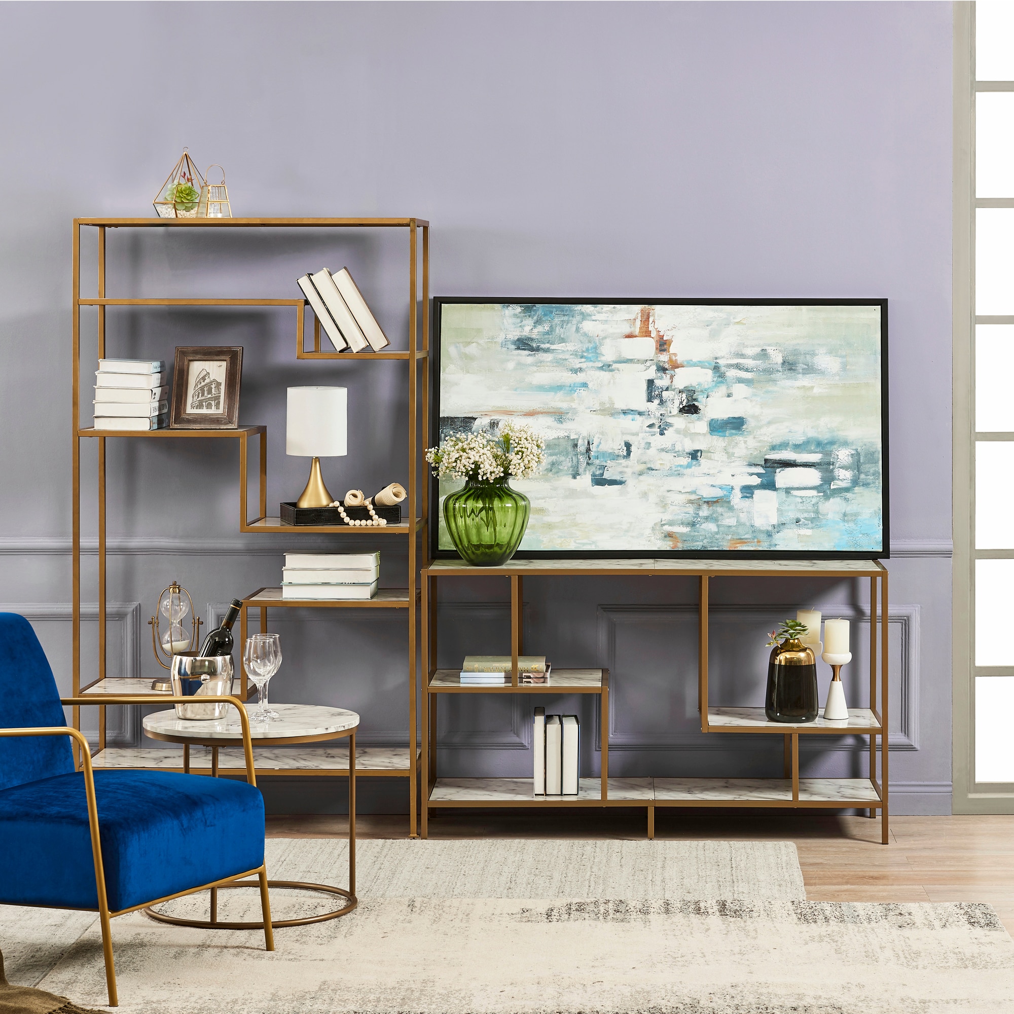 Elegant Marmo 54" Faux Marble Top TV Stand with Brass Finish