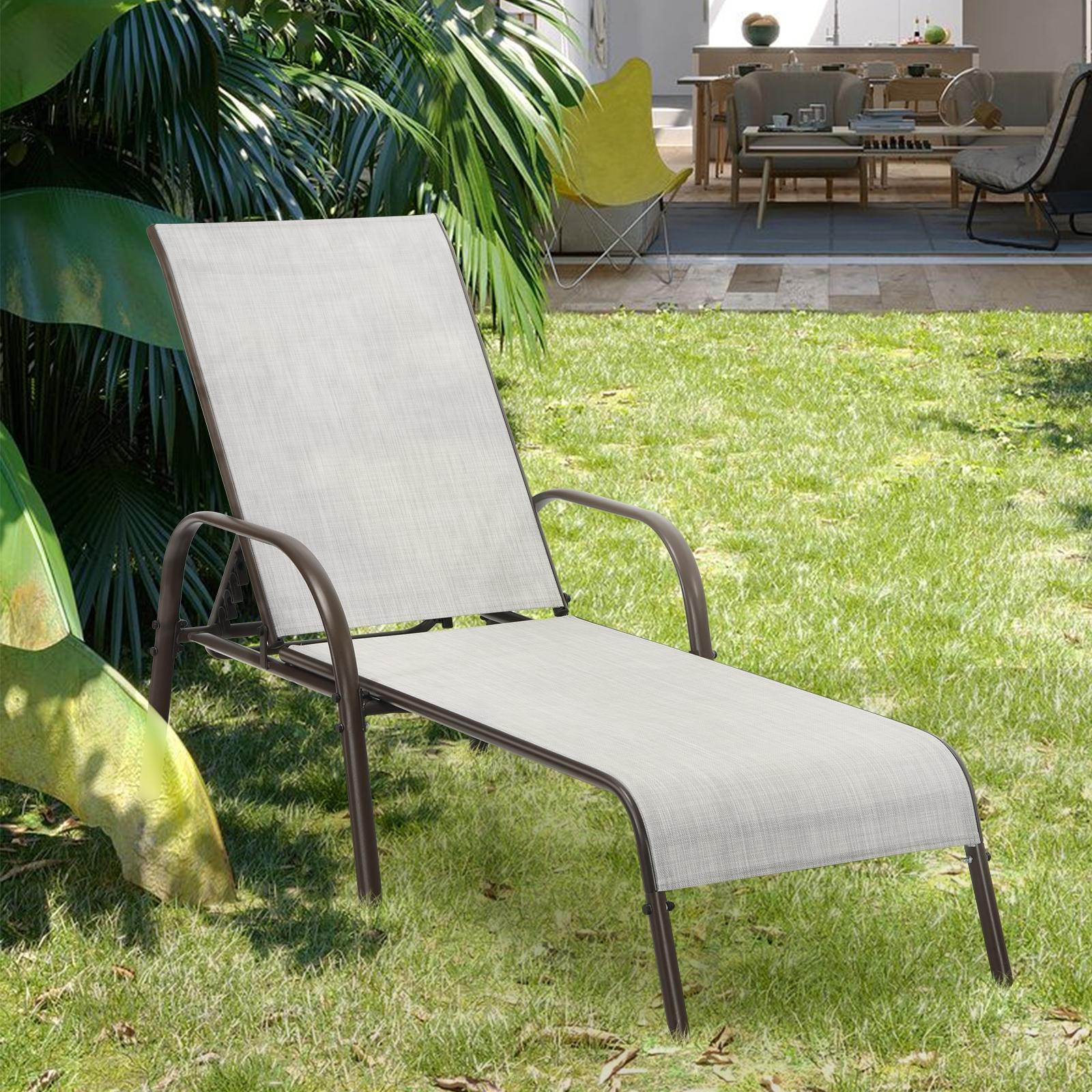 BABOOM BOM-0508GR-CO Folding Lounge Chair Black Steel Frame Stationary Chaise Lounge Chair with Gray Sling Seat