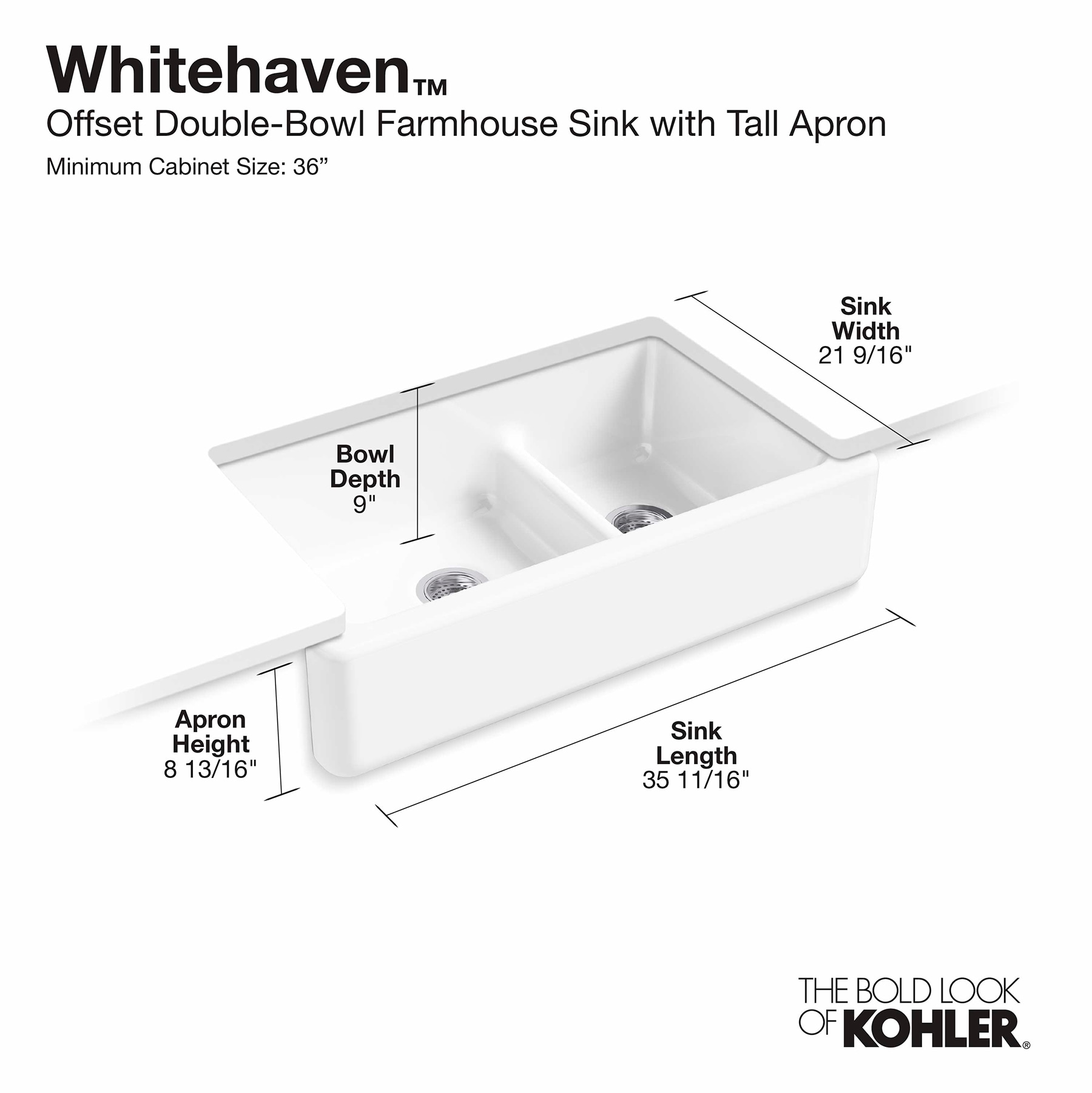 White 36" Cast Iron Double Basin Farmhouse Sink