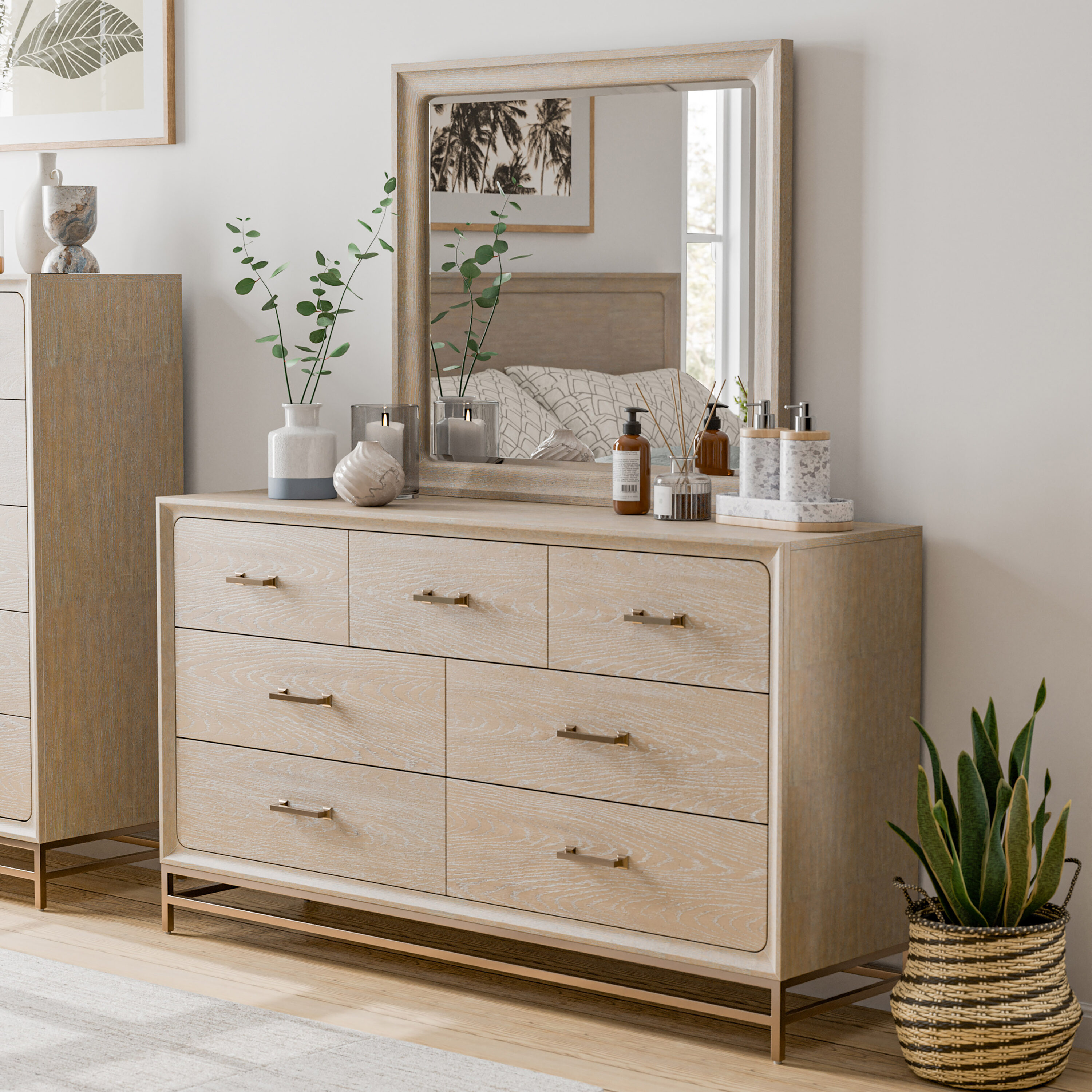 Furniture of America IDF-7369AK-DM Lena Light Oak 7 -Drawer Standard dresser with Mirror