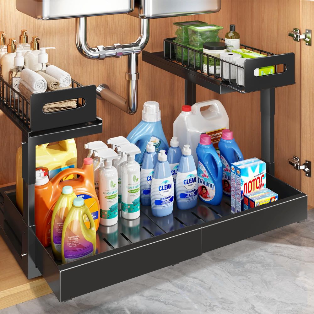 Etokfoks  1 Pack Expandable 2 Tier Under Sink Organizer Adjustable Height 12.9 to 15.4 in Pull Out Sliding Drawers Retractable Width 15.3 to 24.2 in