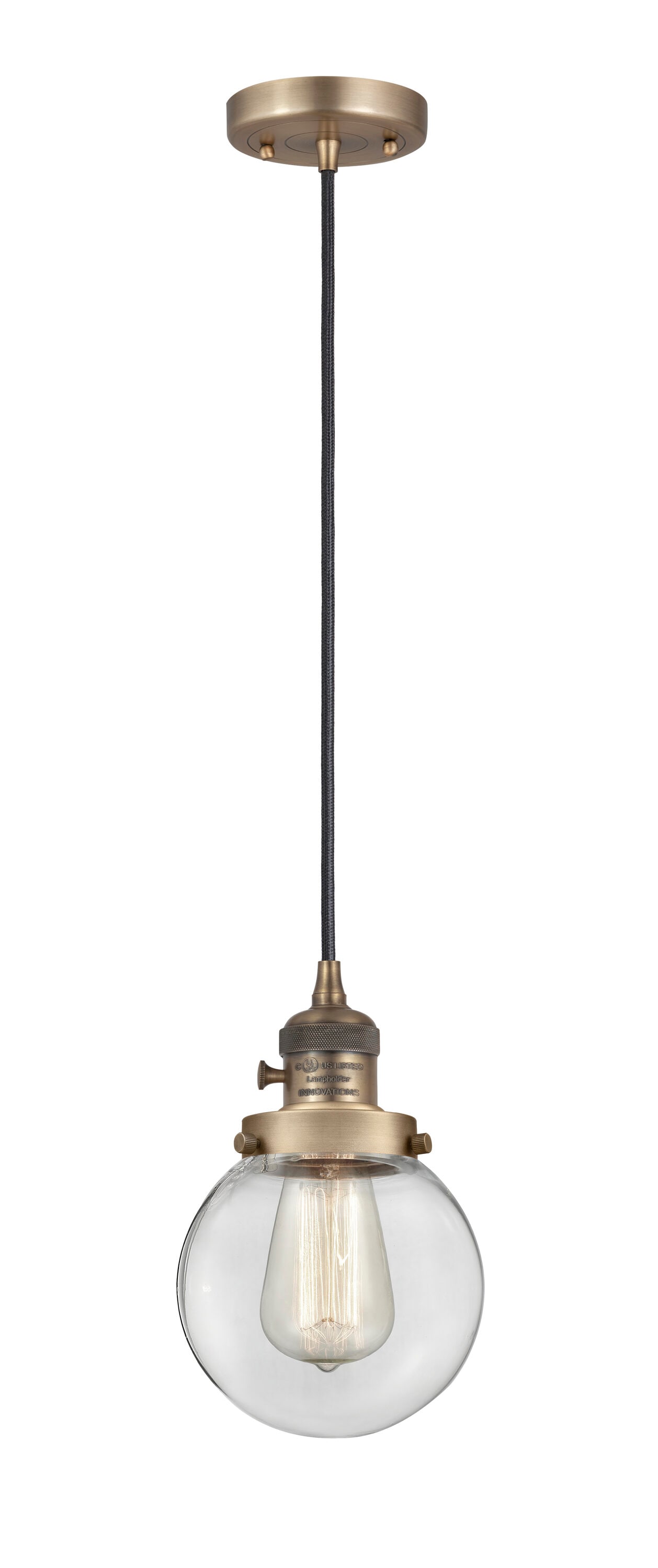 Beacon 9.5" Mini Globe Pendant Light in Brushed Brass and Clear Glass