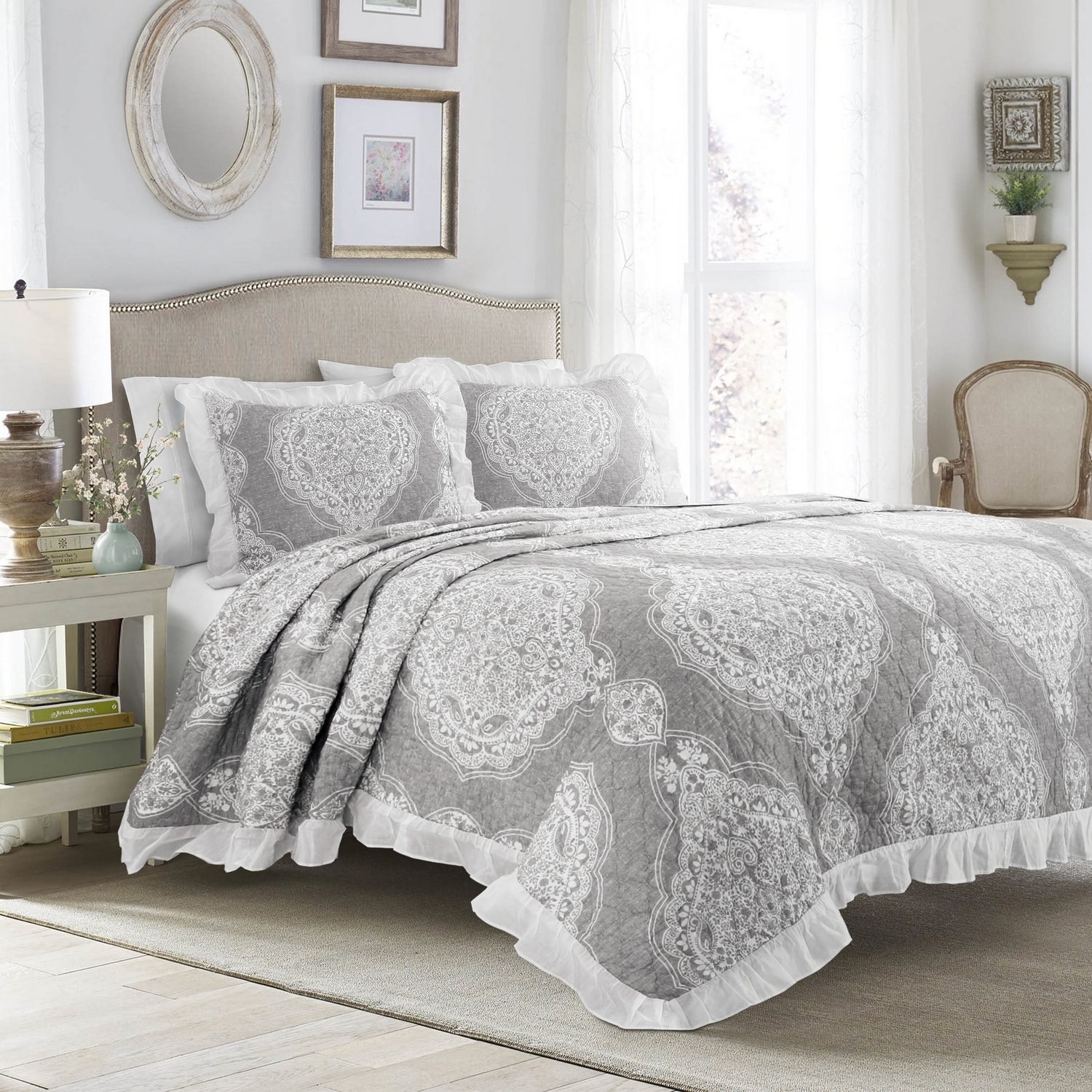 Lush Decor 16T003763 Gray Damask Reversible King Bedspread Cotton