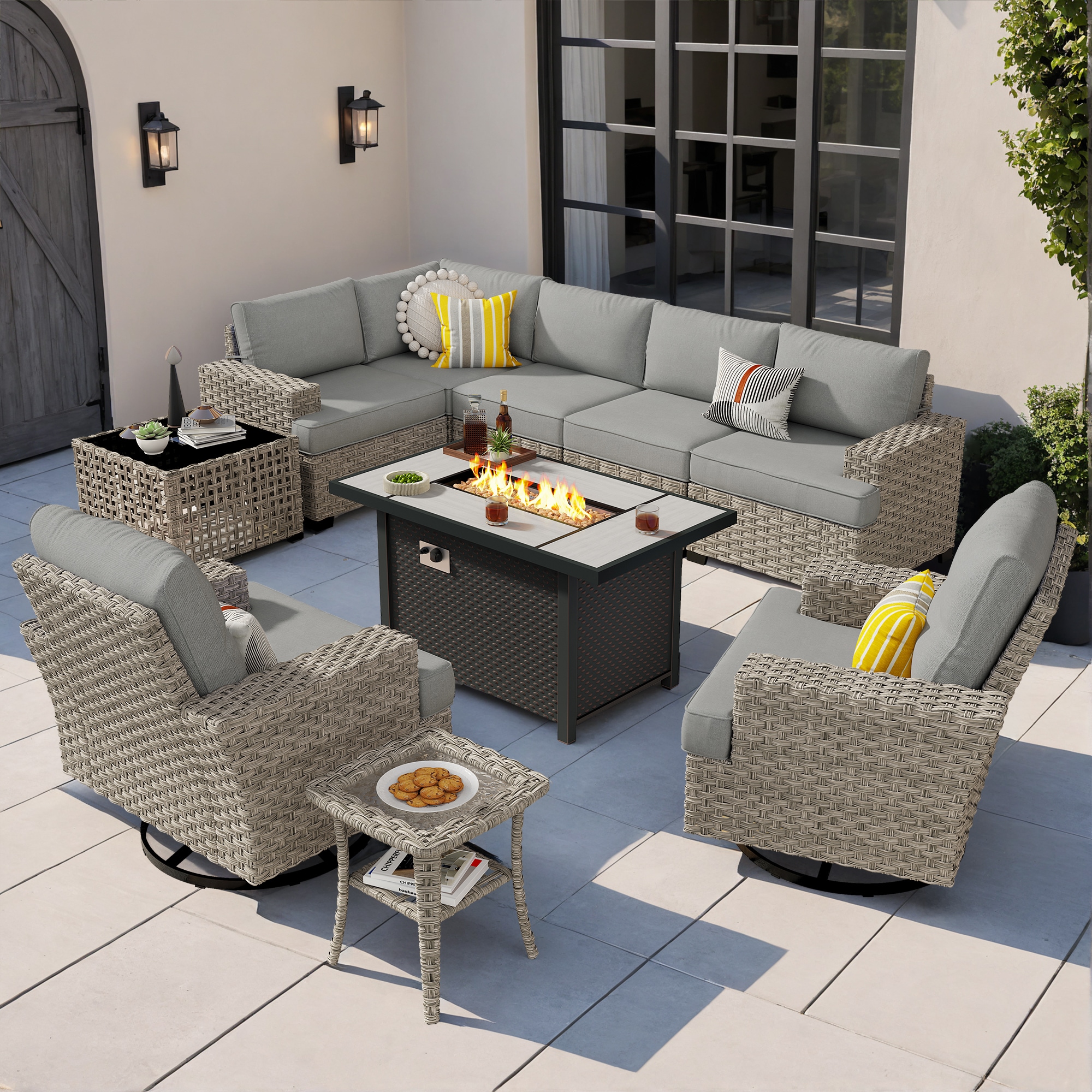 Ovios RFPTS209Y 10 -Piece Rattan Patio Conversation Set with Dark Gray Cushions