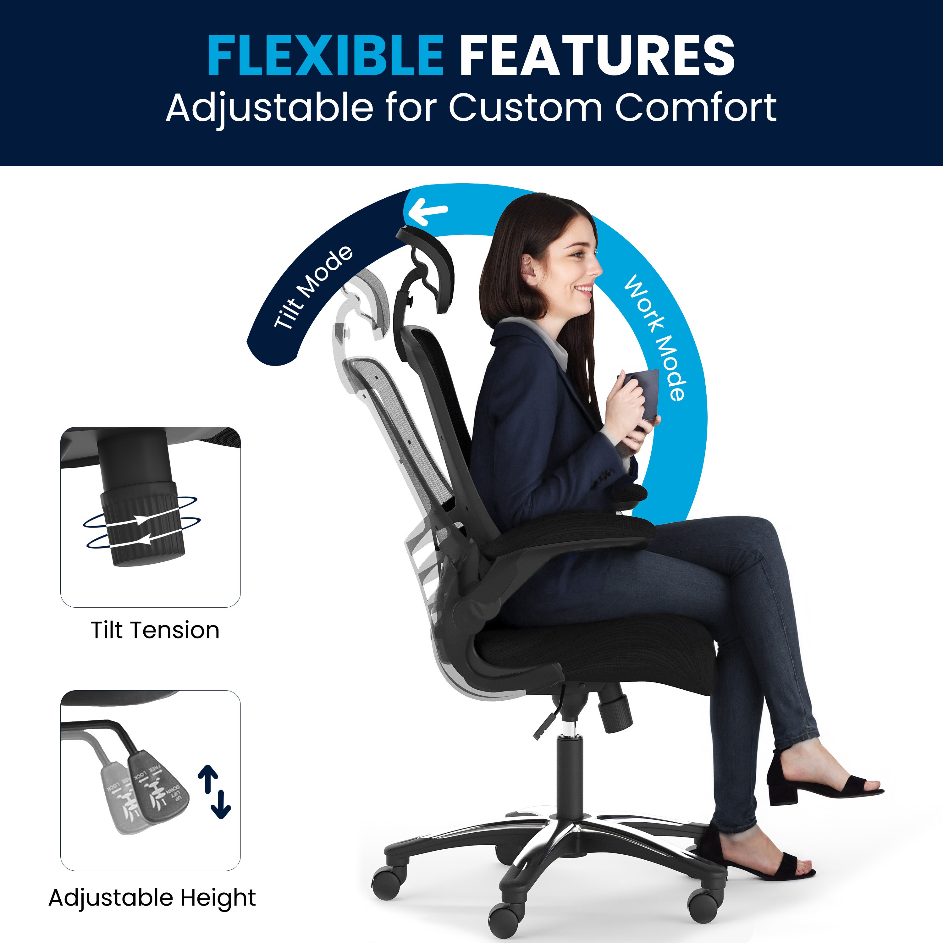 High-Back Black Mesh Swivel Executive Office Chair with Adjustable Arms