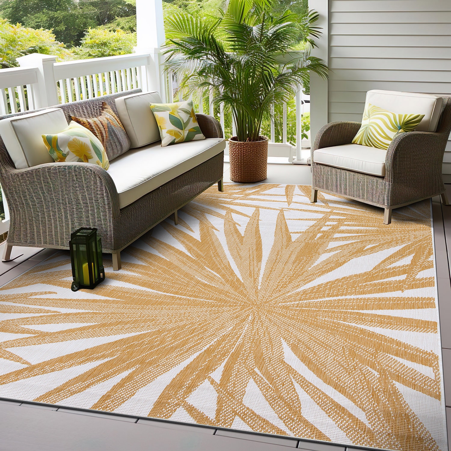World Rug Gallery Contemporary Tropical Leaves Indoor/Outdoor Waterproof Patio Area Rug, Yellow, 2x7 ft