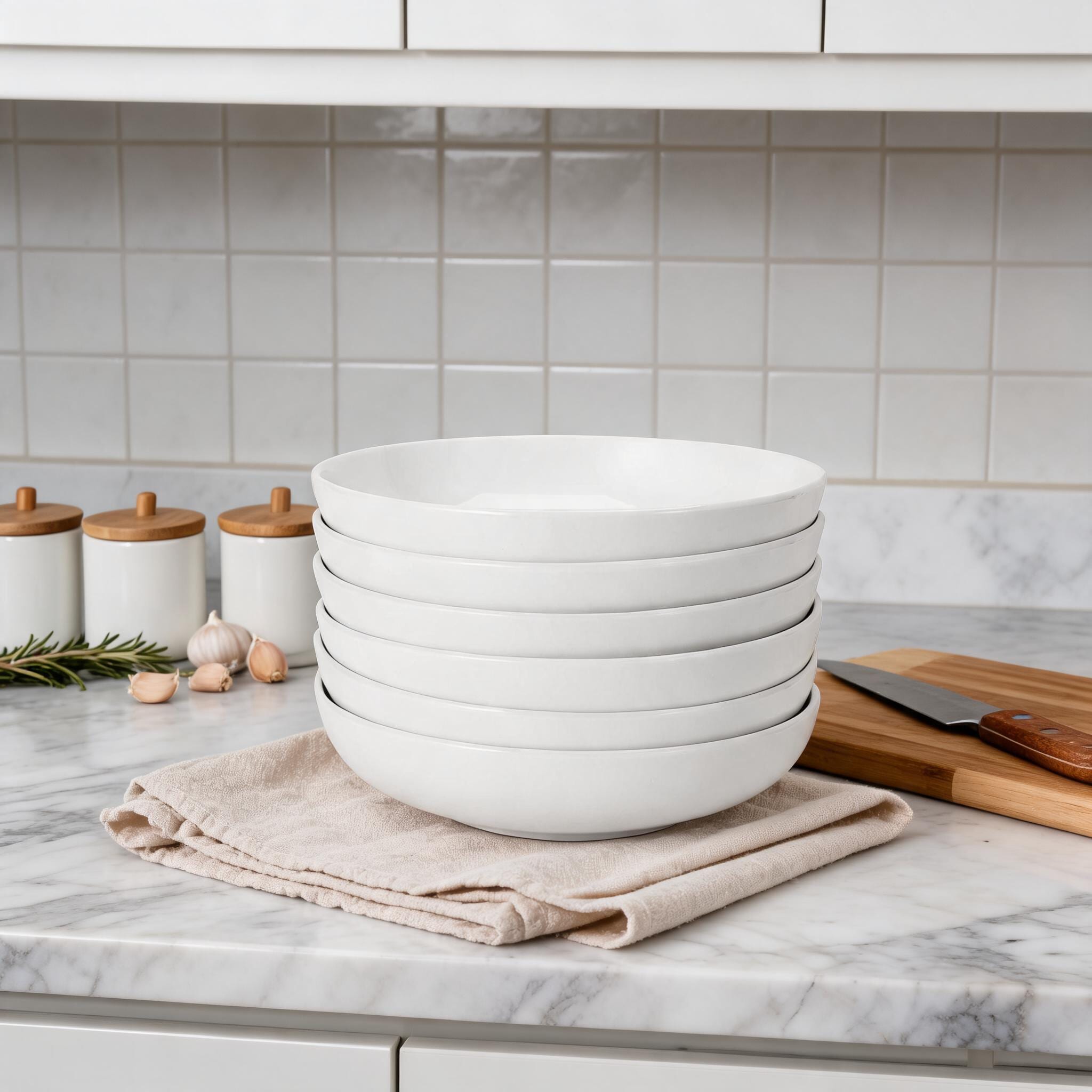 DEXSO 6 Piece 22oz Professional Porcelain Pasta Bowls Wide Shallow Microwave Dishwasher Safe for Kitchen Restaurant White