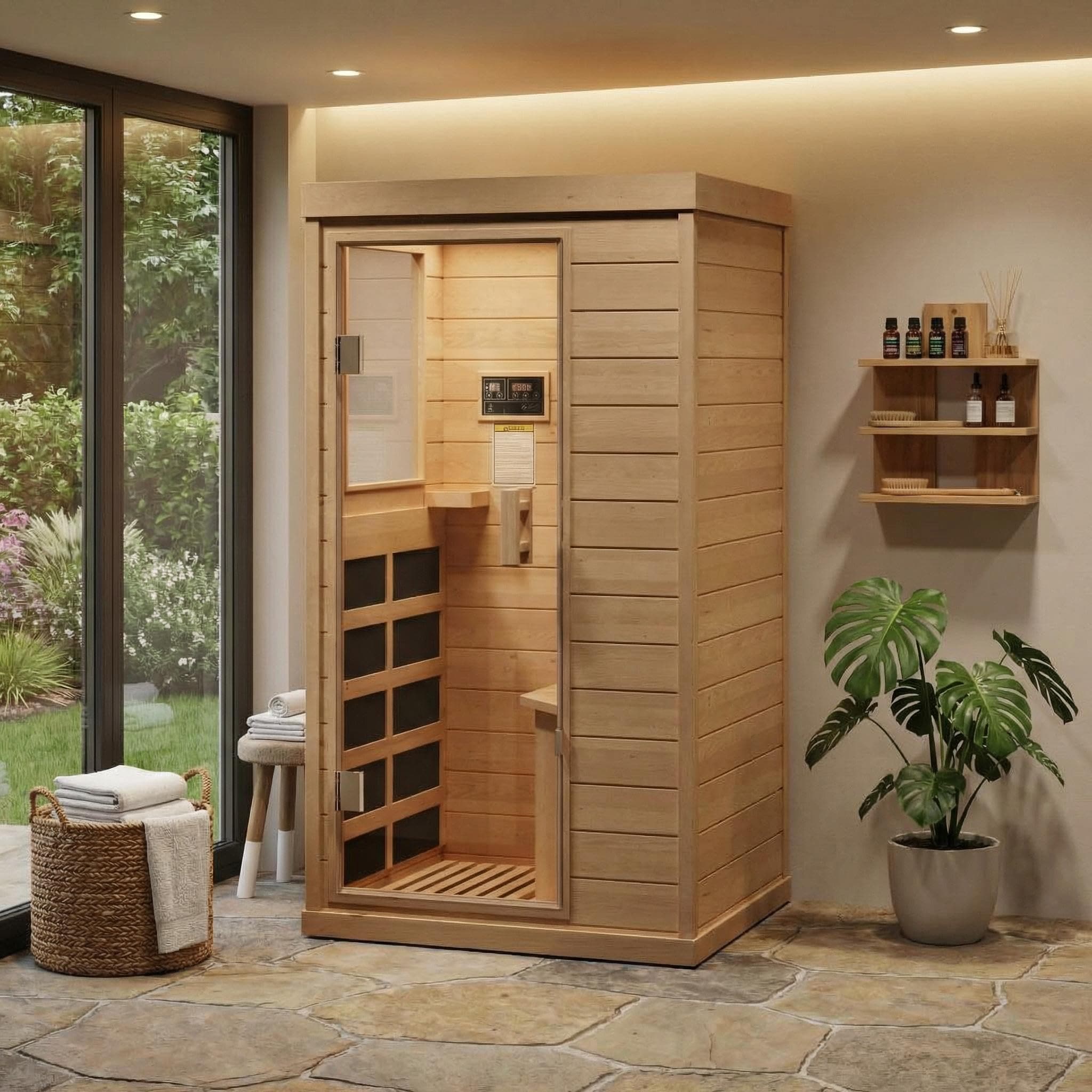 IdealHouse Person Far Infrared Sauna  Low EMF Indoor Dry Heat Sauna with Red Light Therapy and Bluetooth Speakers  110V Home Spa with Canadian Hemlock Wood  Tempered Glass Door  for Home and Gym