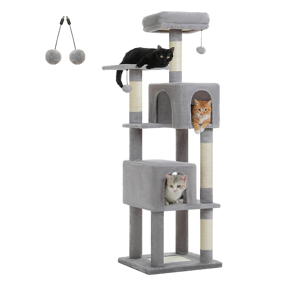MUTTROS 62-Inch Cat Tree for Indoor Cats Large Cat Tower with Scratching Posts for Large Cats 2 Bigger Plush Condos Padded Platform Soft Cat Bed and Scratching Pad 2 Pompoms Gray