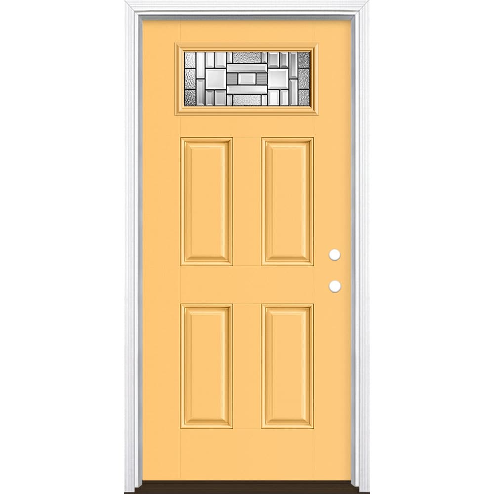Masonite 3421329 Naples 36-in x 80-in x 4-9/16-in Fiberglass 1/4 lite Left-hand inswing Cabana Yellow Painted Prehung Front Door with Brickmould Insulating core
